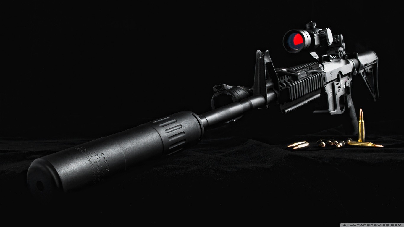 General 1366x768 gun suppressors ammunition weapon black simple background black background rifles