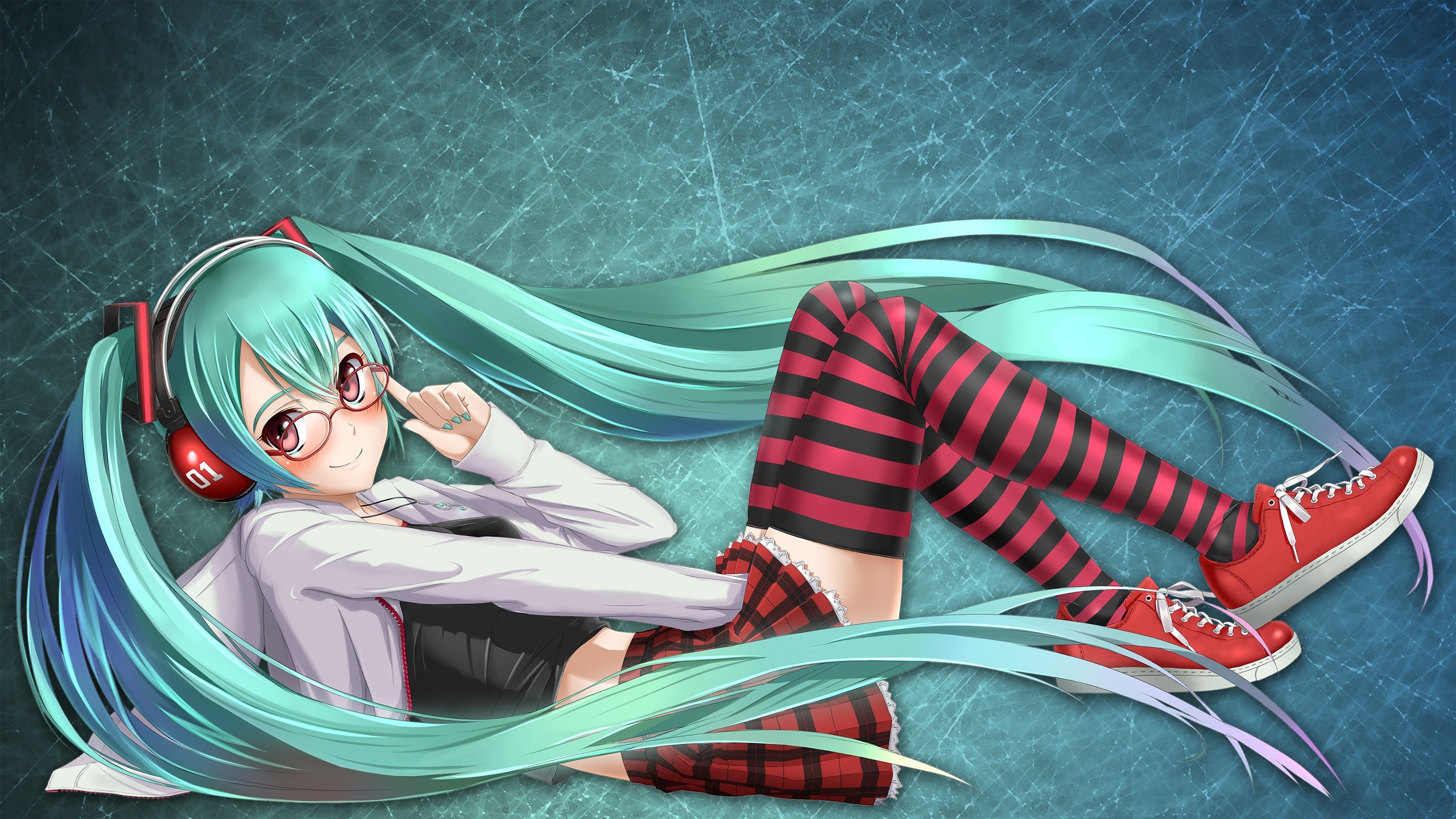 Anime 2560x1440 anime girls twintails stockings knee-highs striped skirt plaid headphones long hair lying down glasses women with glasses painted nails meganekko Hatsune Miku Vocaloid anime cyan hair smiling hand between legs striped stockings red shoes cyan nails looking at viewer women