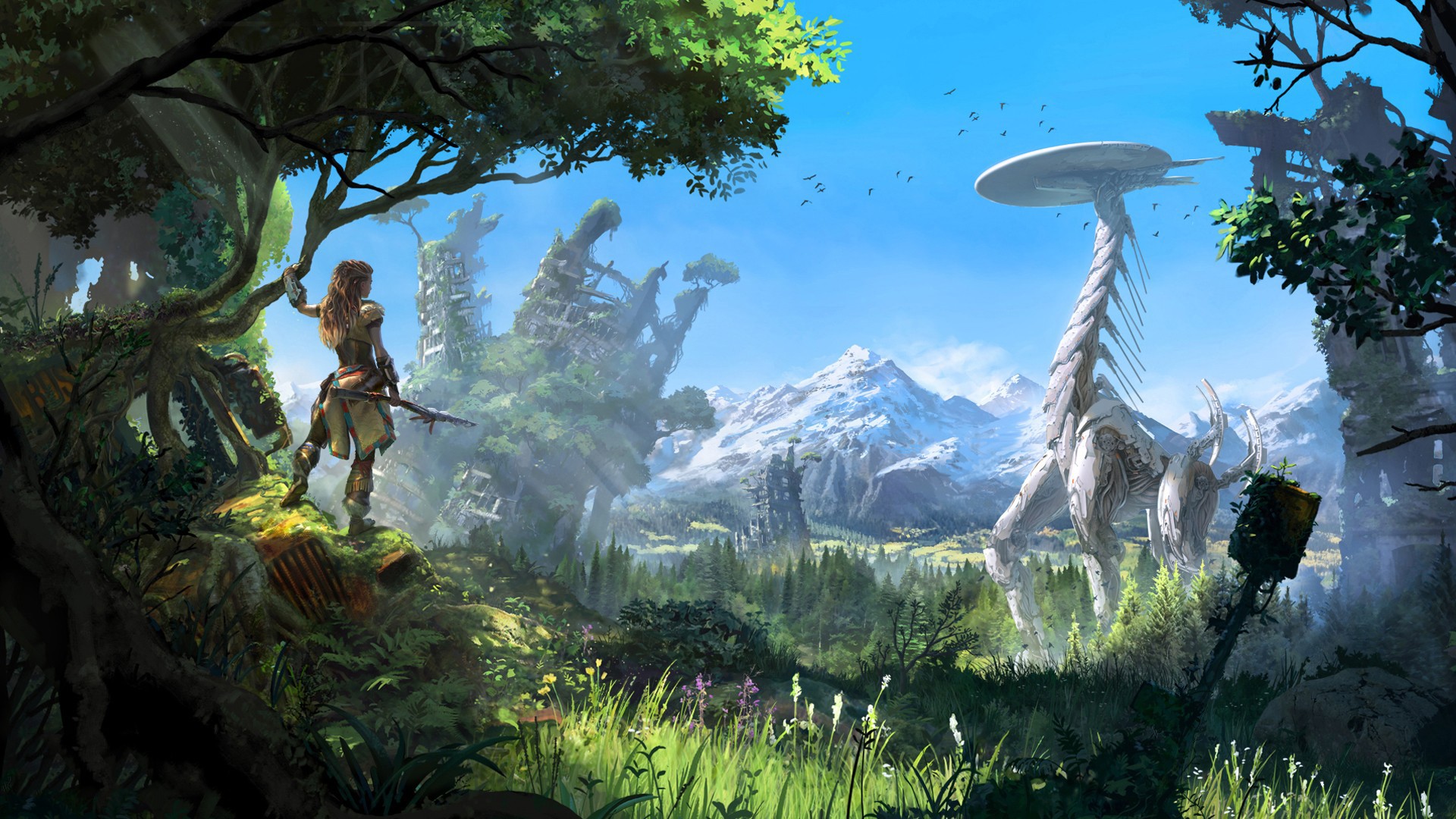 General 1920x1080 Horizon: Zero Dawn PlayStation 4 video games forest landscape robot sky futuristic Aloy video game girls dystopian video game characters video game art Tallneck