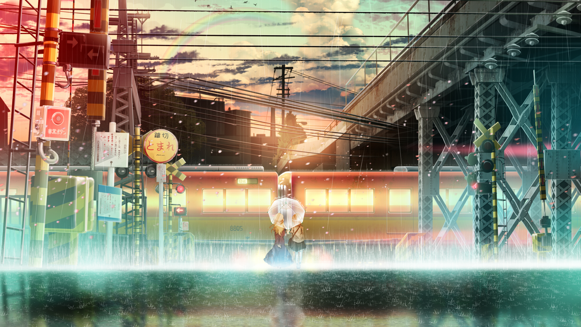 Anime 1920x1080 anime anime girls train station city urban umbrella rain Pixiv
