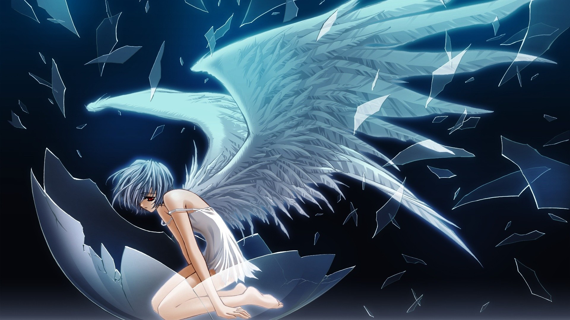 Anime 1920x1080 Neon Genesis Evangelion Ayanami Rei anime wings anime girls blue hair fantasy art fantasy girl women red eyes kneeling barefoot eggs angel wings off shoulder