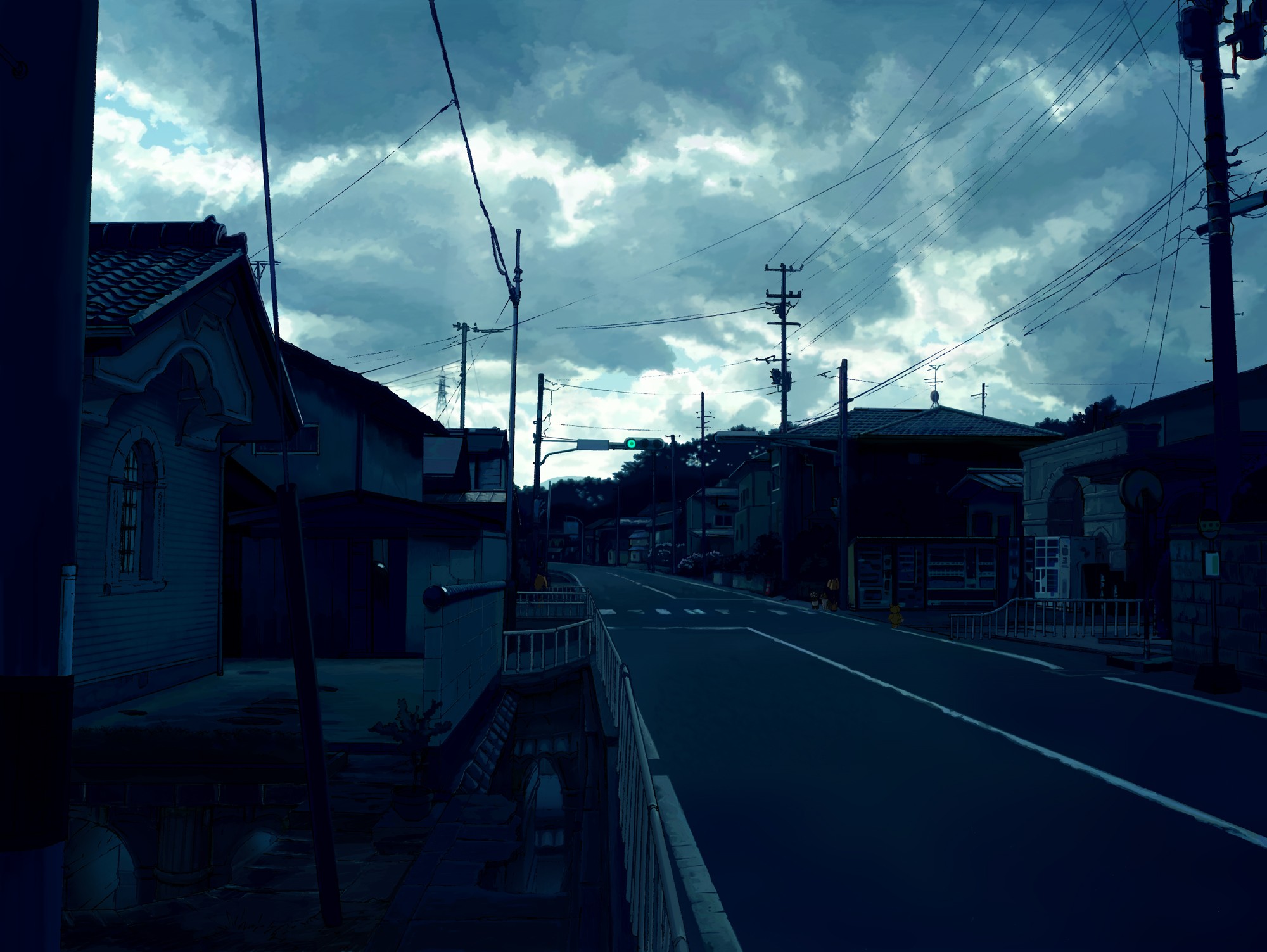 General 2000x1503 anime urban street power lines house road outdoors dark