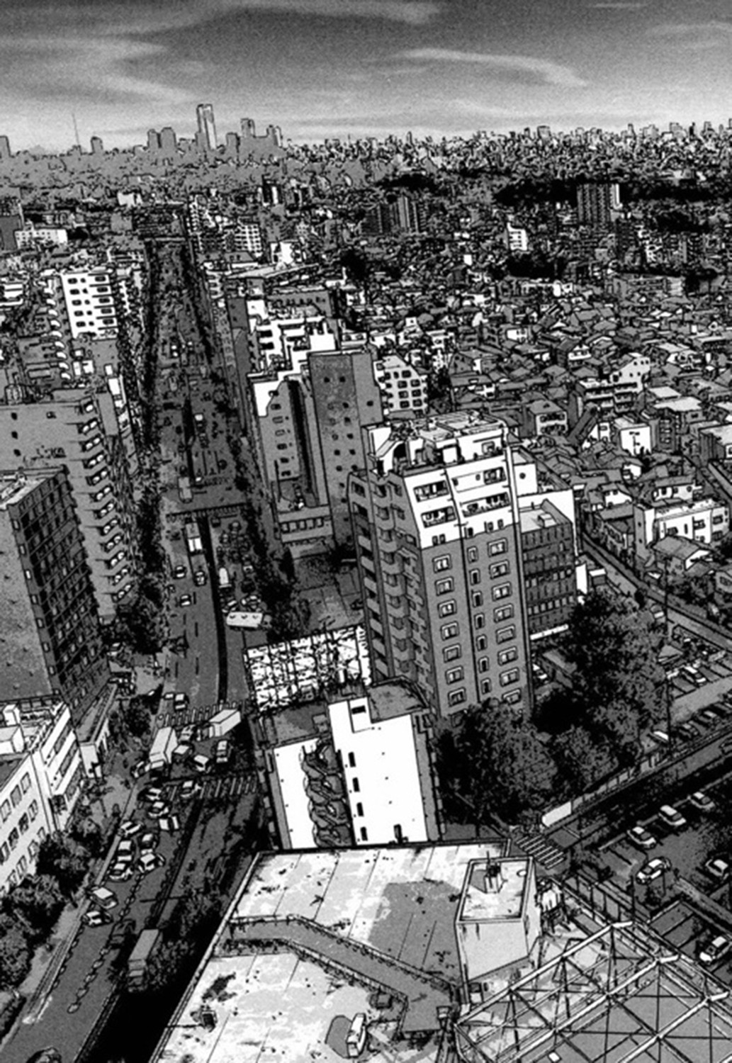 Anime 1033x1500 city cityscape drawing black white monochrome artwork