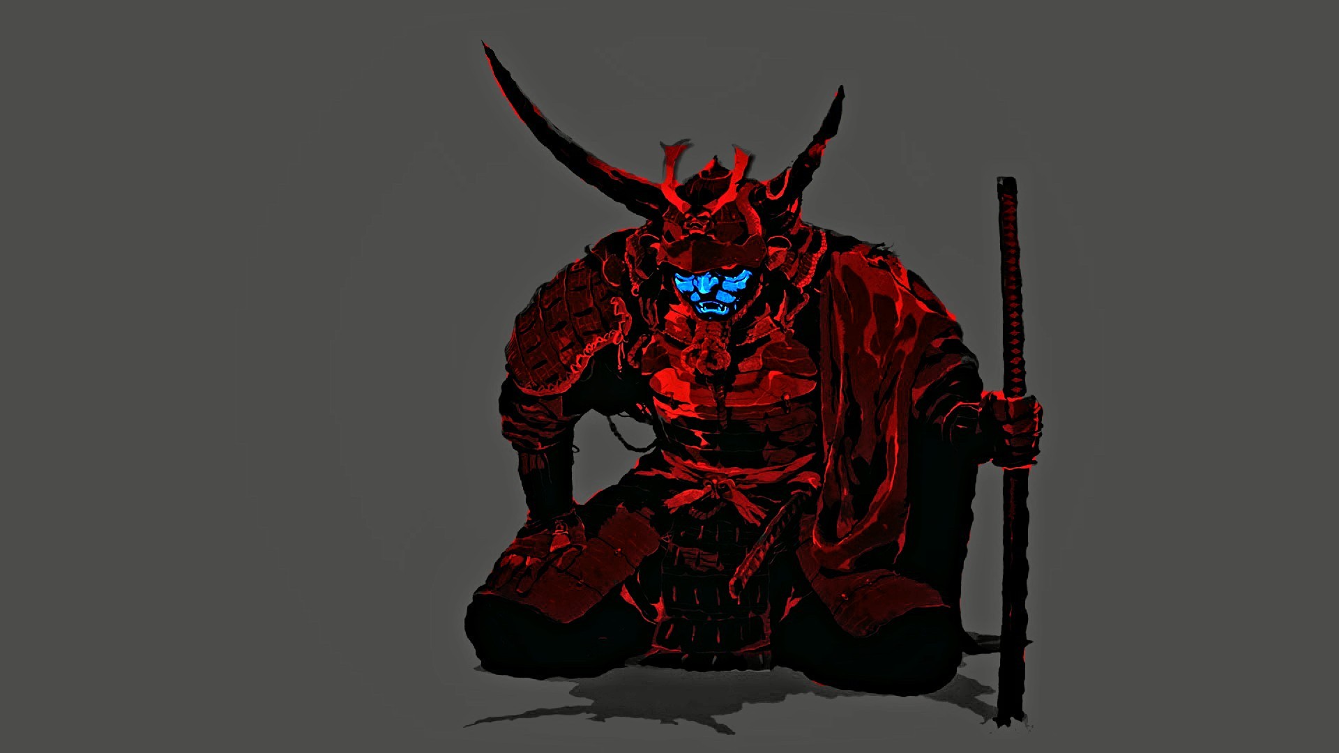 General 1920x1080 samurai red blue mask minimalism gray background fantasy art sword demon