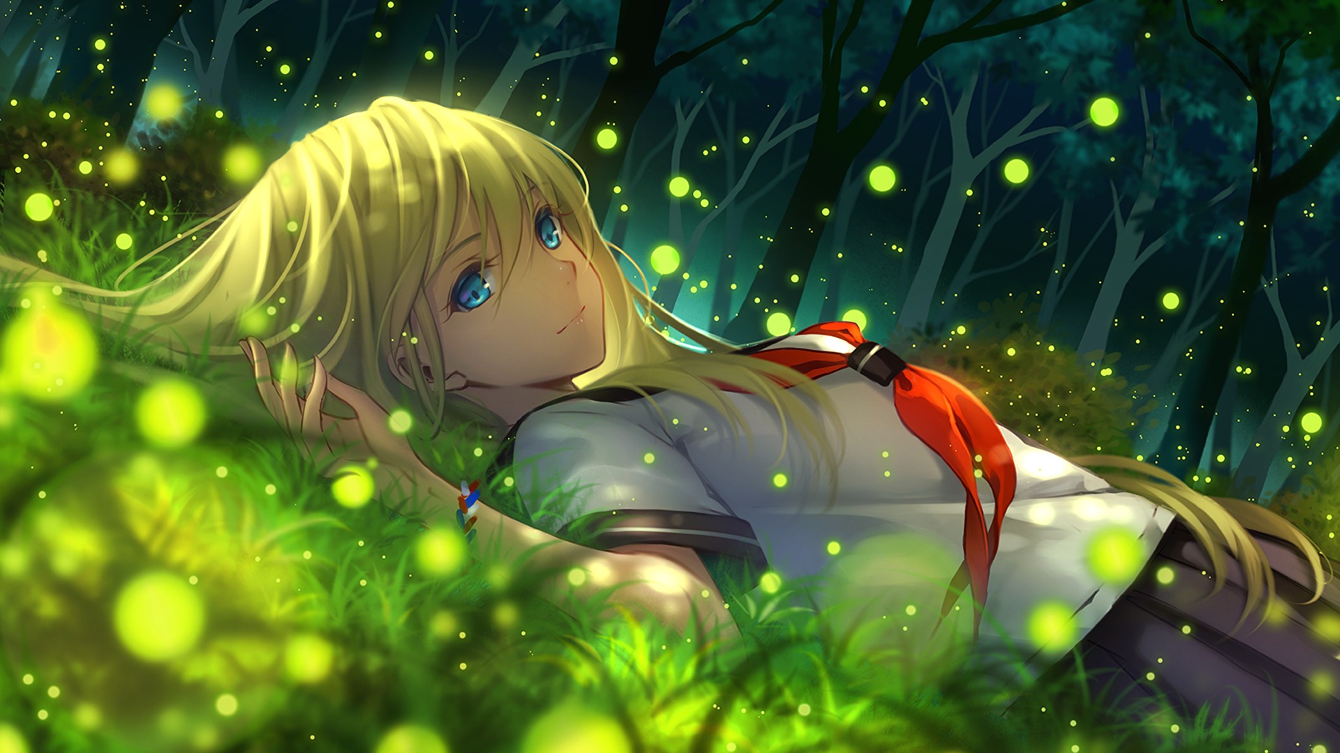 Anime 1920x1080 original characters blonde sailor uniform blue eyes Tidsean grass particle looking at viewer fireflies lying down nature colorful tie women outdoors outdoors Pixiv anime anime girls