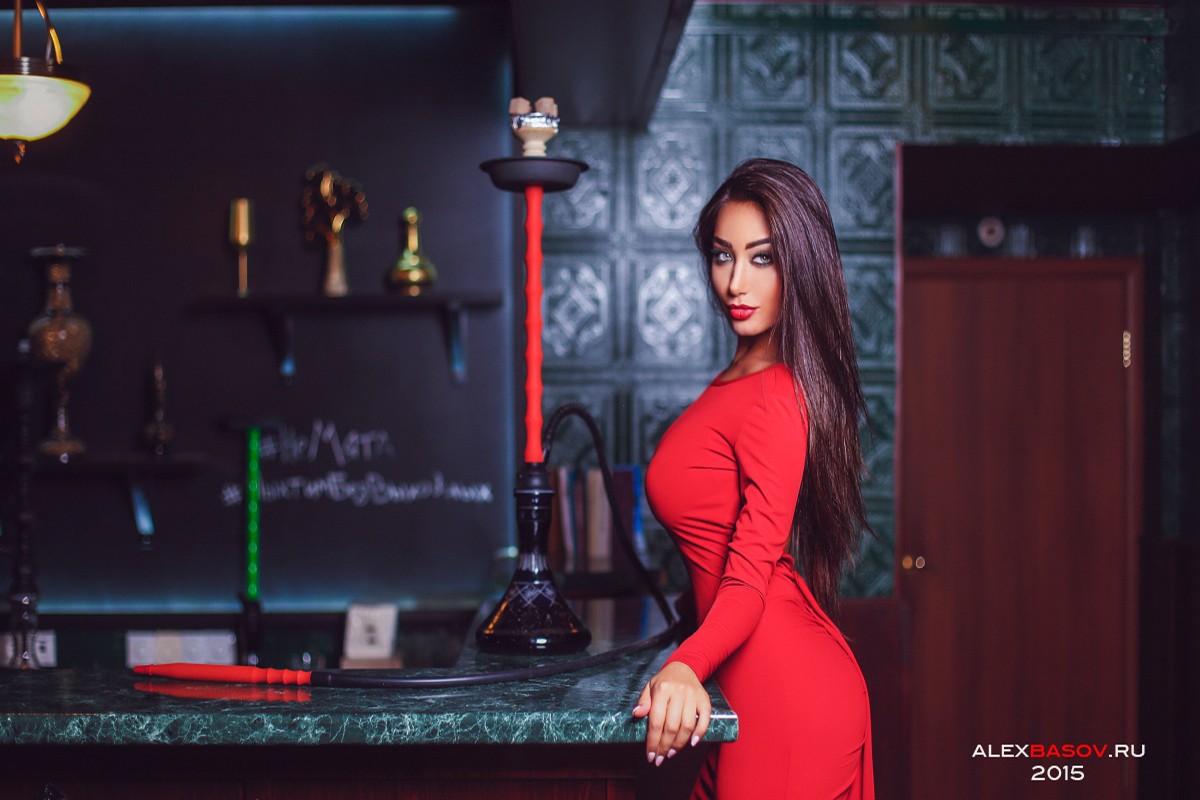 People 1200x800 women Alex Basov dress long hair 2015 (Year) makeup red lipstick women indoors indoors looking at viewer red dress red clothing