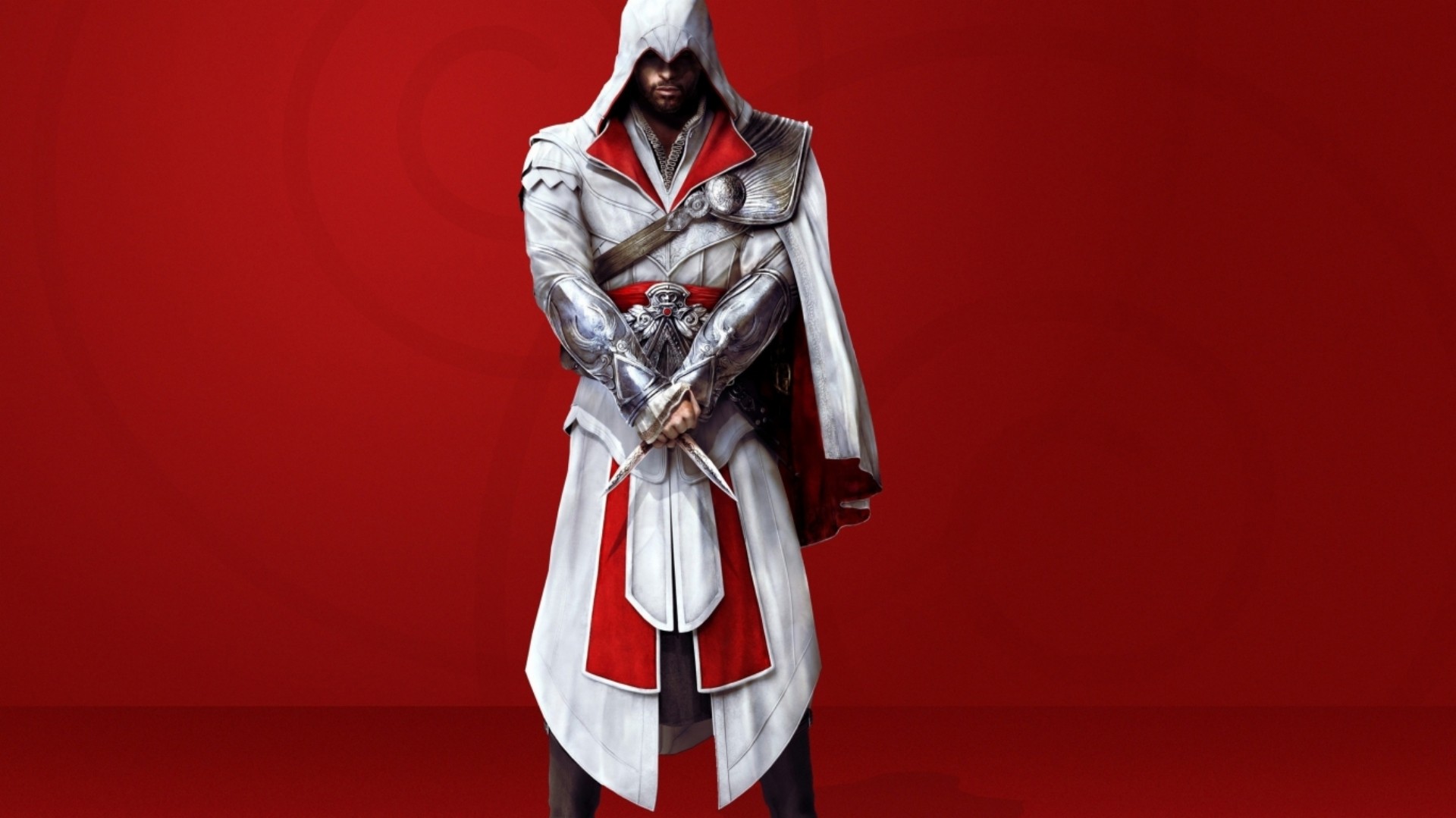 General 1920x1079 Assassin's Creed Assassin's Creed: Brotherhood video games simple background red background Ezio Auditore da Firenze frontal view