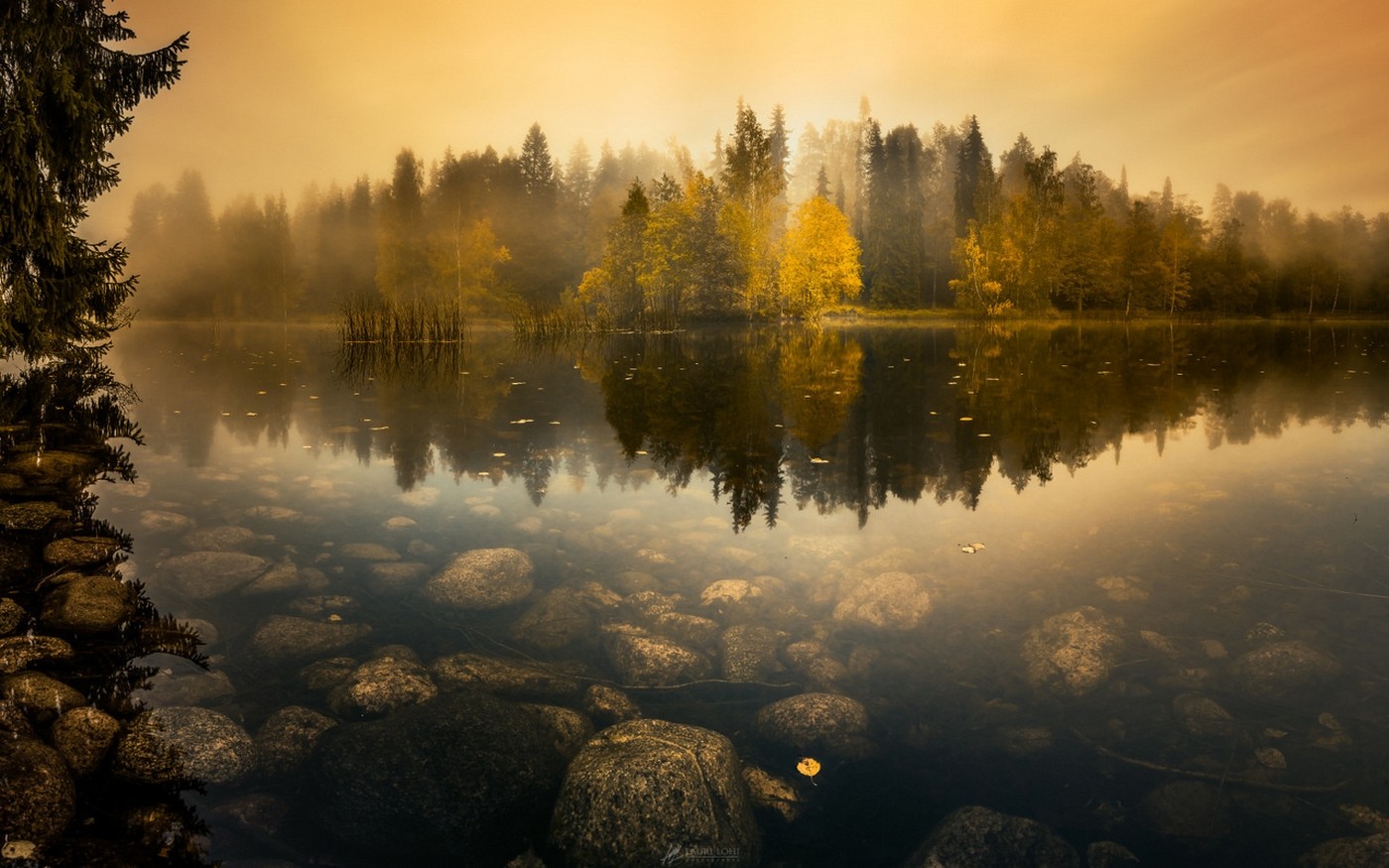 General 1400x875 nature landscape lake mist forest fall water reflection trees stones calm Finland