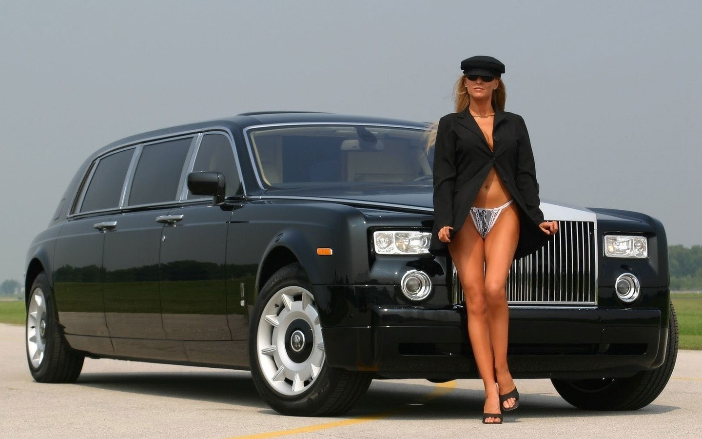 People 1440x900 women model brunette long hair lingerie white panties women outdoors women with cars car luxury cars Rolls-Royce Rolls-Royce Phantom saloon cars sunglasses jacket hat smiling legs cleavage partially clothed