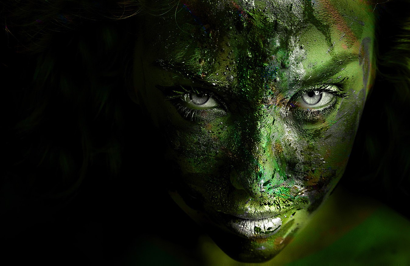 People 1348x877 green photography fantasy girl women face green skin closeup model looking at viewer face paint
