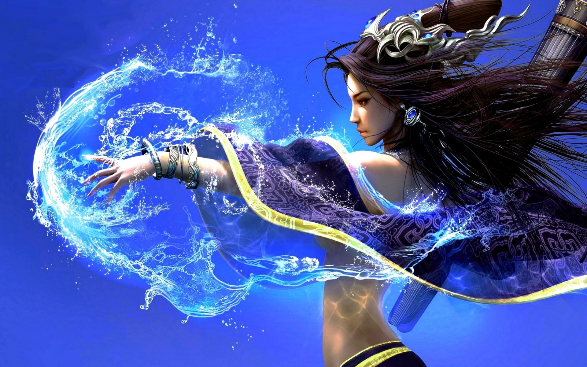 General 1920x1200 women water underboob technology magic fantasy art fantasy girl blue background simple background long hair face profile video games