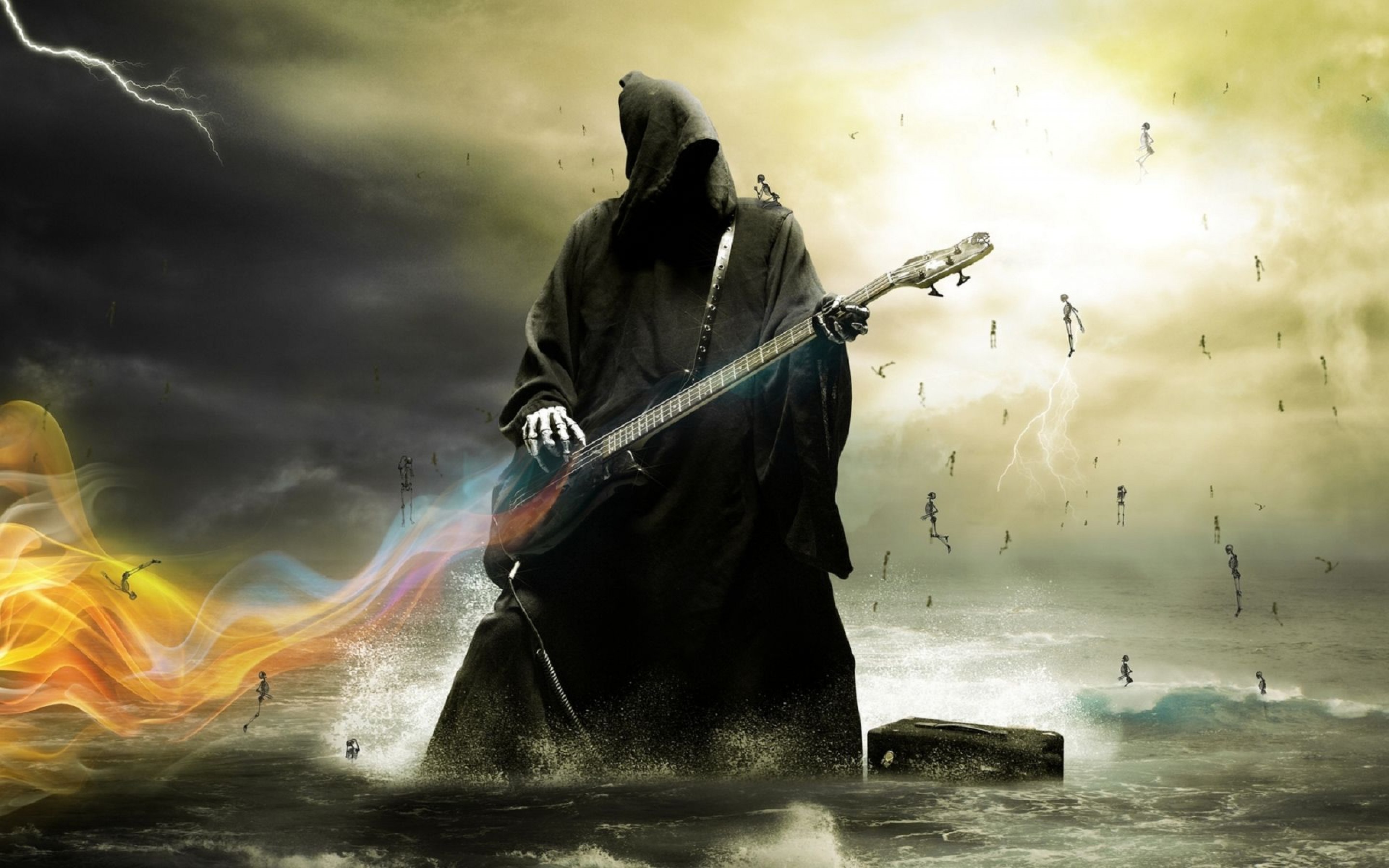 General 2880x1800 death guitar skeleton sea dark artwork bass guitars musical instrument Grim Reaper lightning