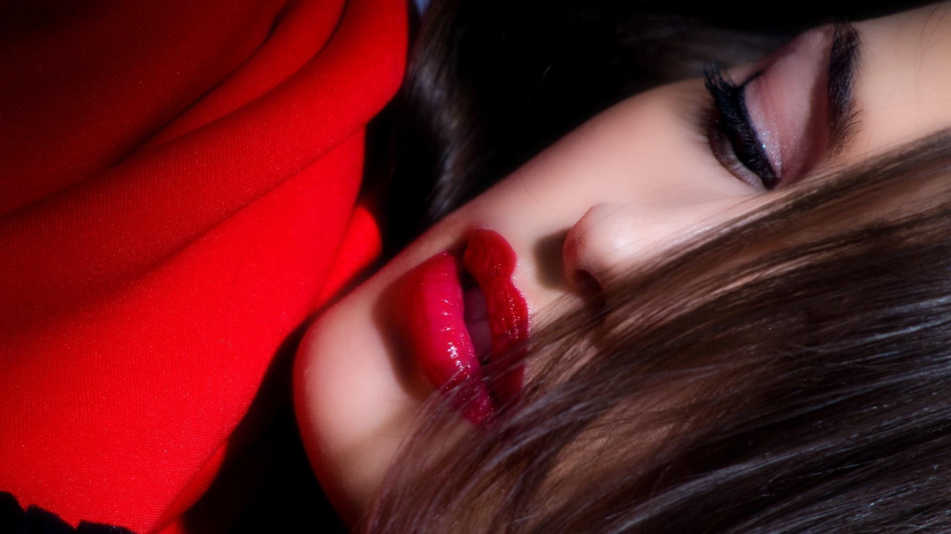 People 1920x1080 portrait face model makeup lipstick closeup eyeliner red lipstick hair over one eye women