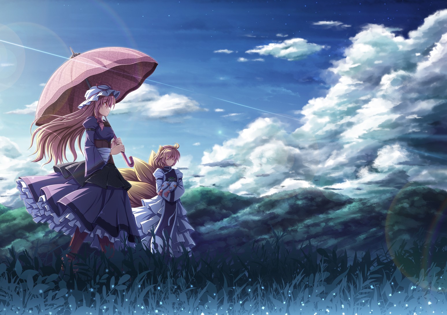 Anime 1547x1092 Touhou anime girls anime sky landscape clouds umbrella two women women outdoors dress