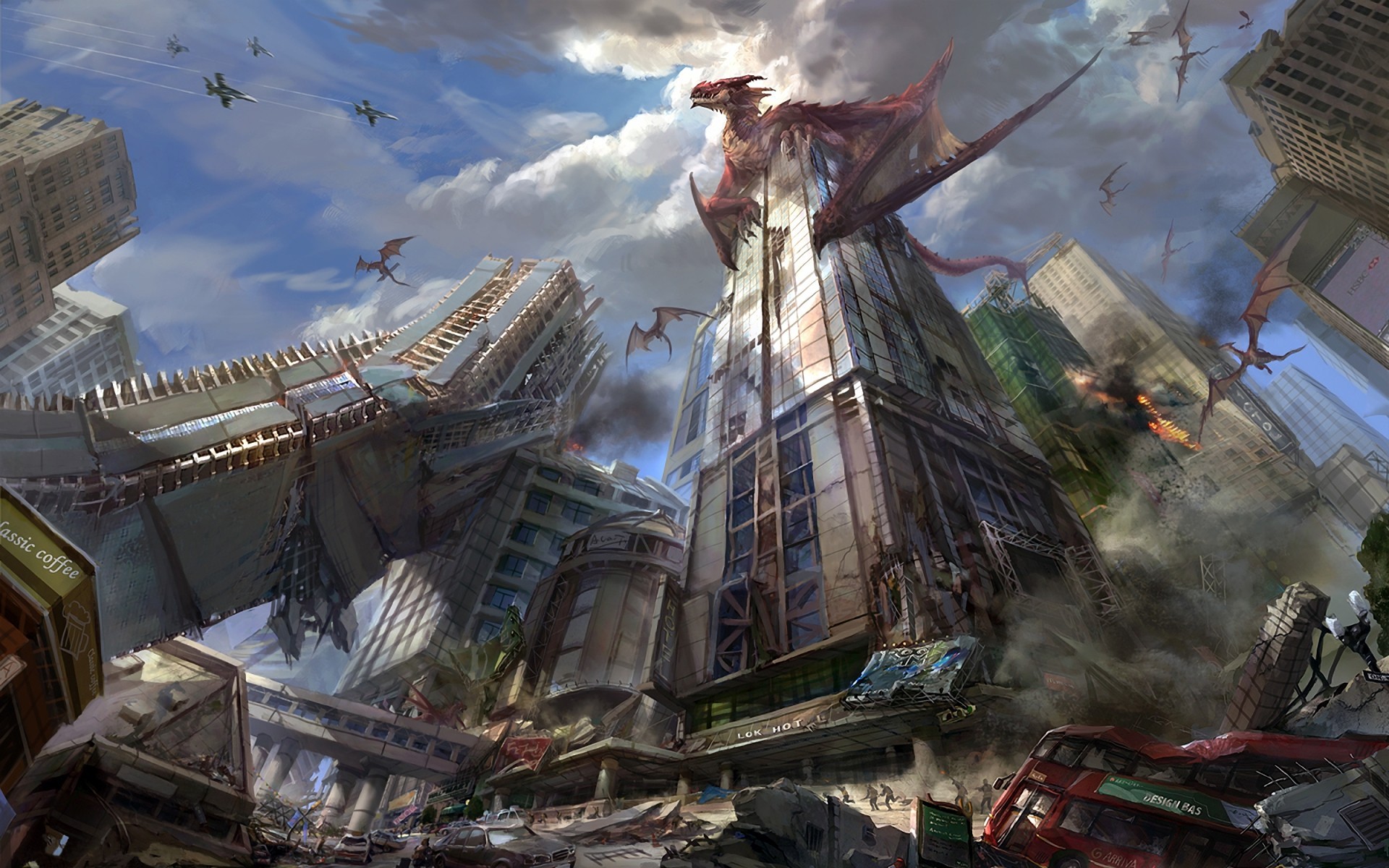 General 1920x1200 fantasy art dragon destruction jet fighter apocalyptic ruins artwork digital art