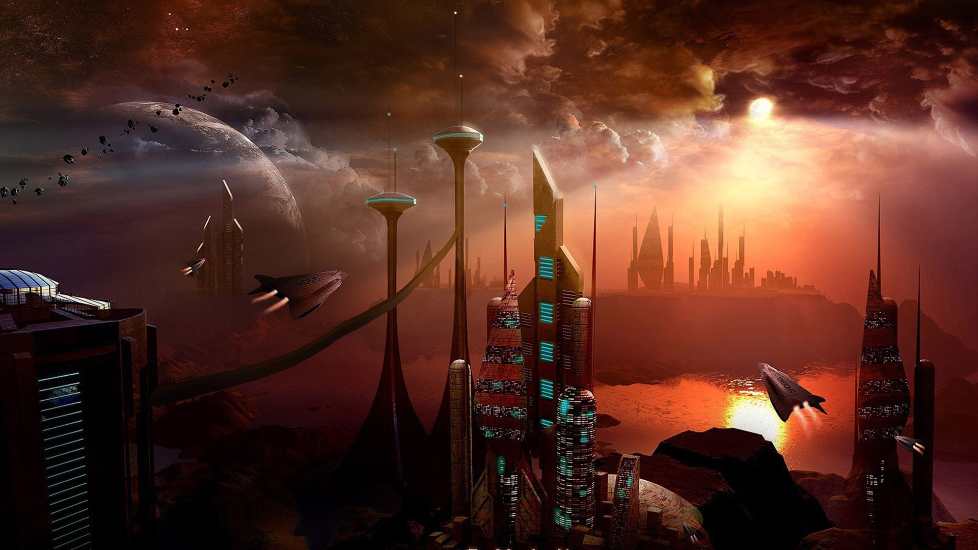 General 1920x1080 space space art science fiction digital art fantasy art painting city cityscape futuristic building tower Sun planet clouds meteors spaceship flying sunlight futuristic city artwork