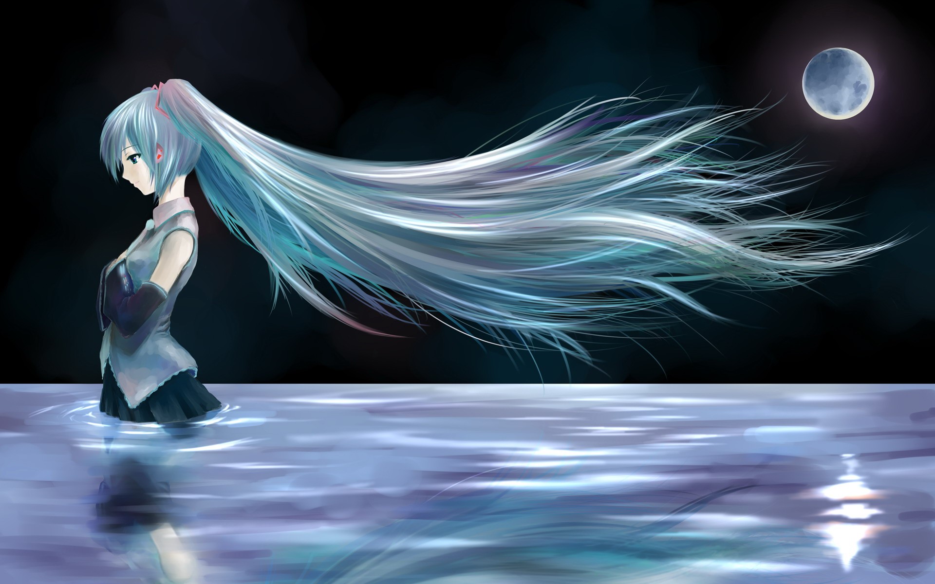 Anime 1920x1200 Vocaloid Hatsune Miku Moon long hair anime girls anime cyan hair in water standing face profile water