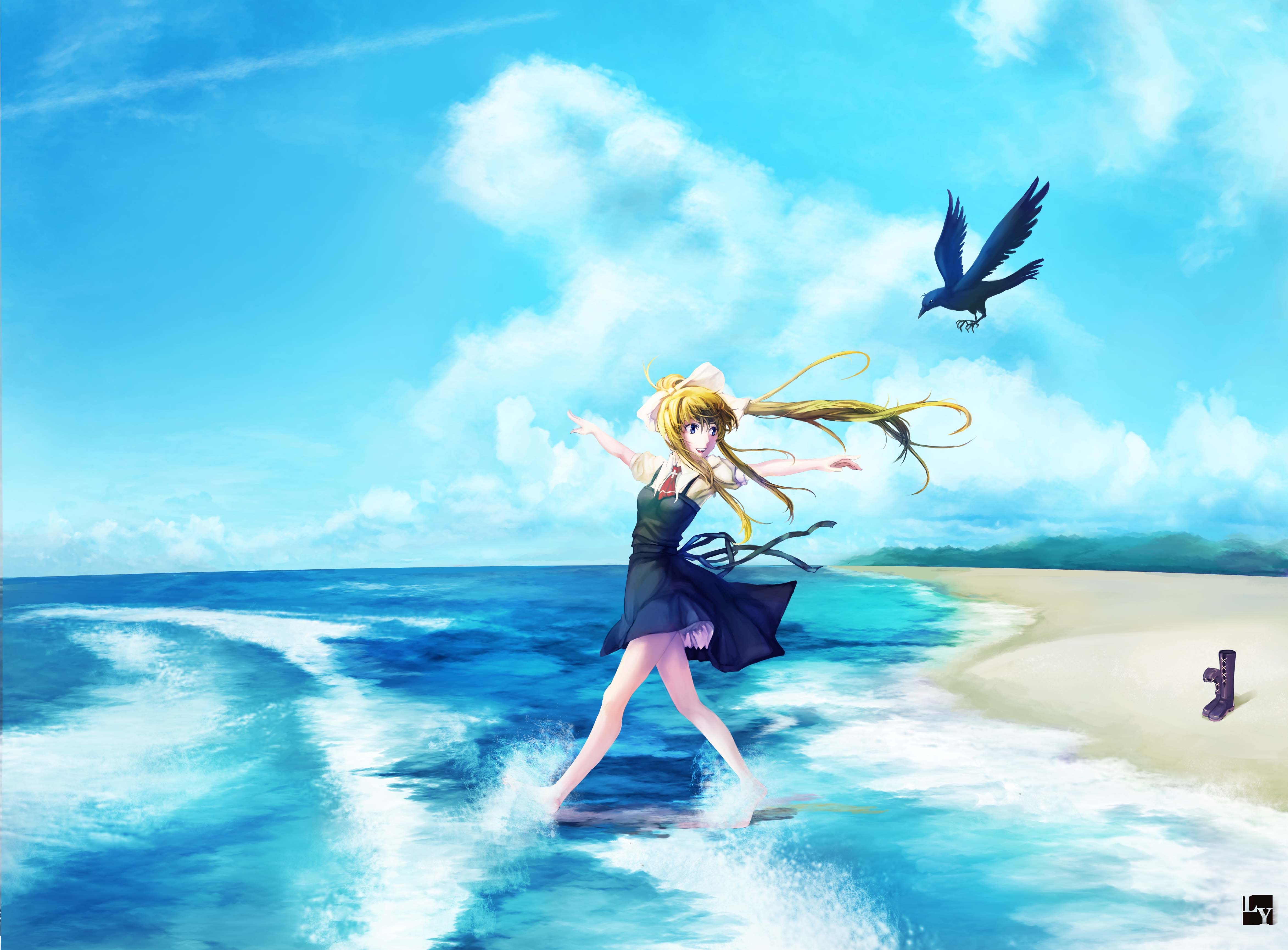 Anime 4691x3459 Air (anime) anime girls anime clouds beach animals birds blonde long hair women on beach women outdoors