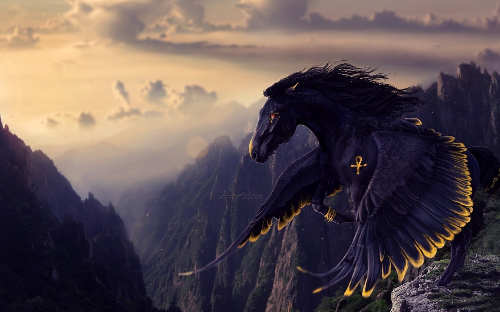 General 1680x1050 fantasy art Pegasus creature wings sky red eyes