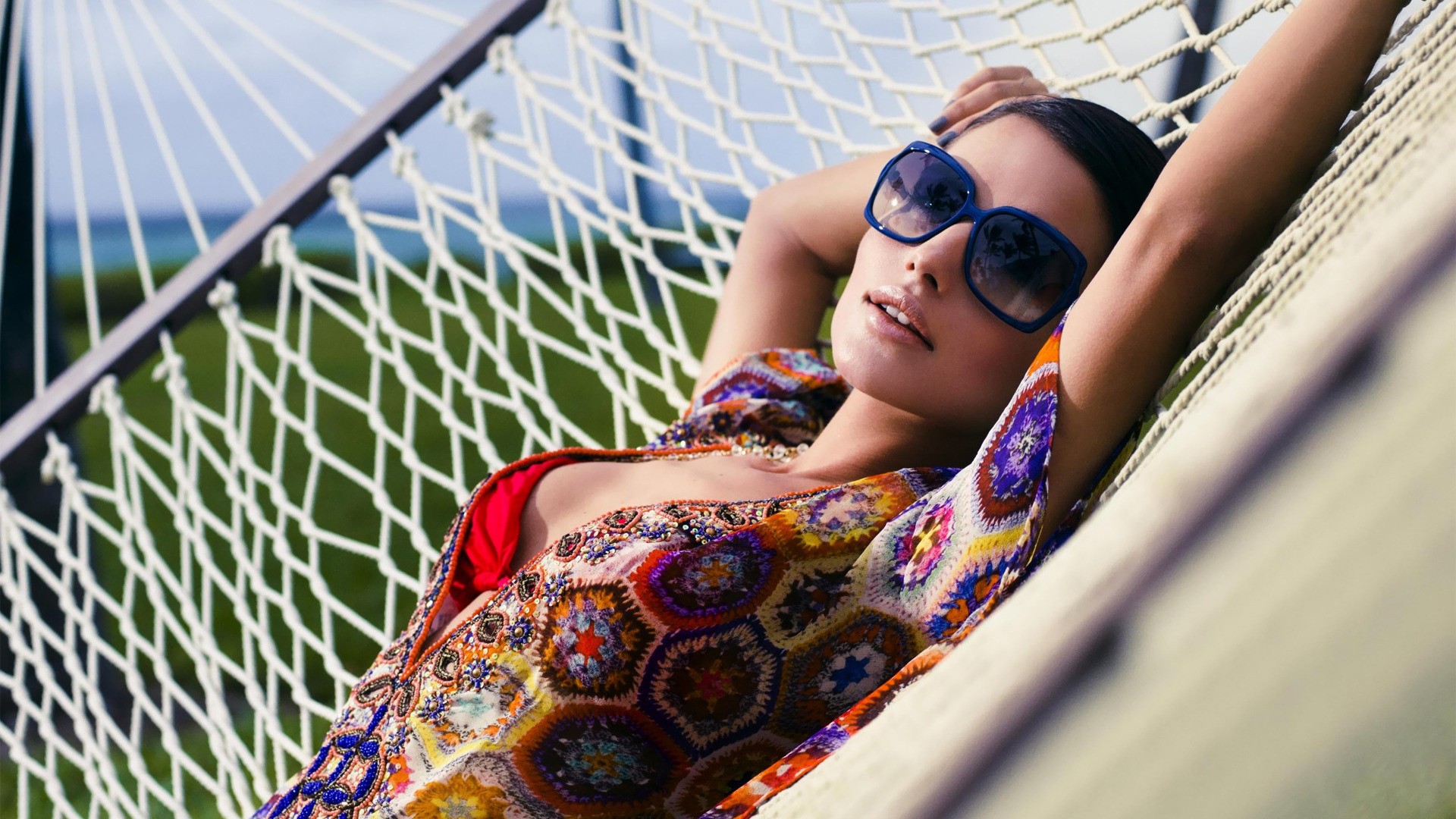 People 1920x1080 Diana Morales blouses unfastened colorful hammocks women with glasses women with shades sunglasses makeup women