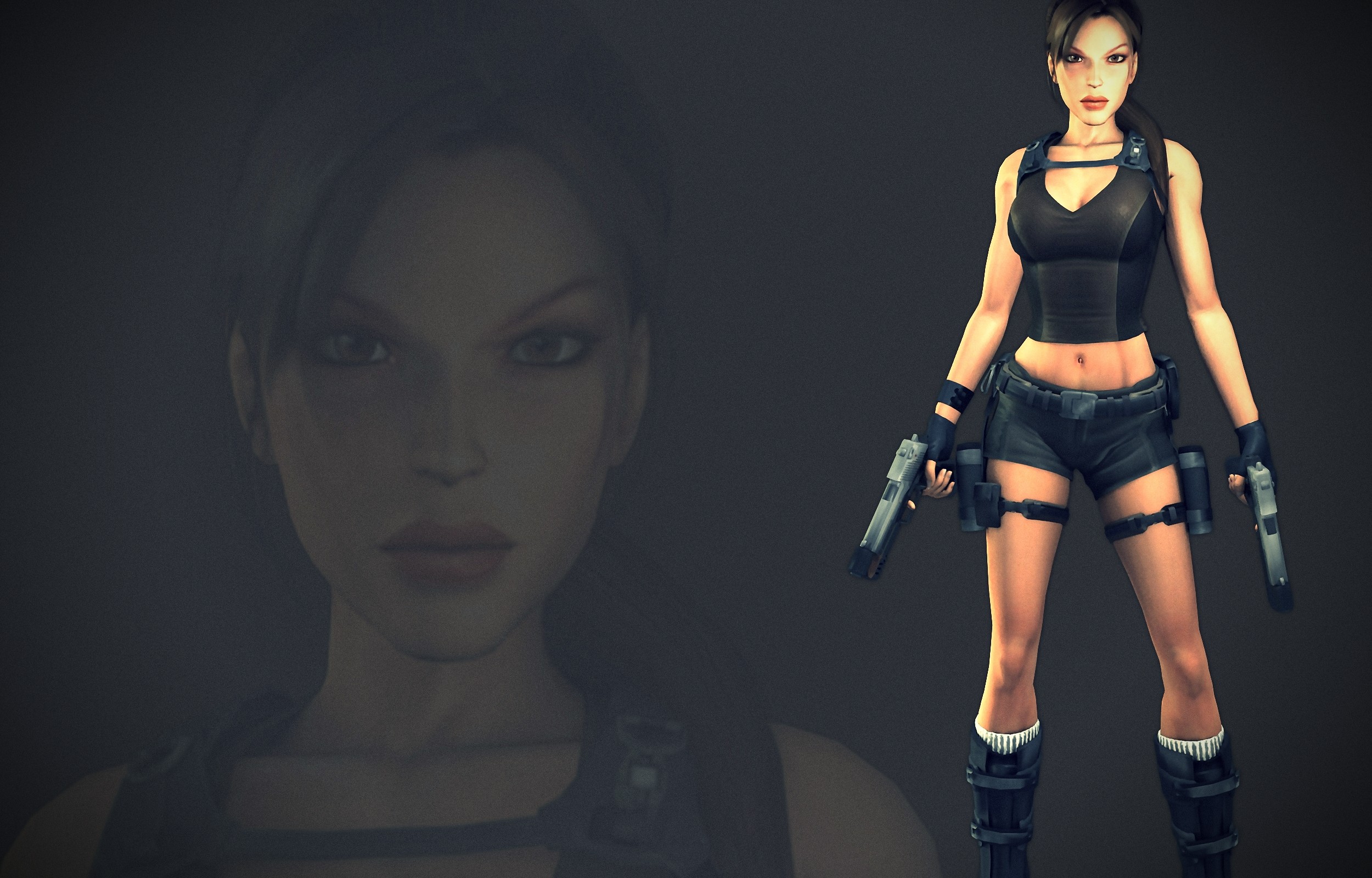 General 2500x1600 Tomb Raider gun short shorts video games girls with guns video game girls dual wield Lara Croft (Tomb Raider) video game characters bare midriff belly pants standing looking at viewer