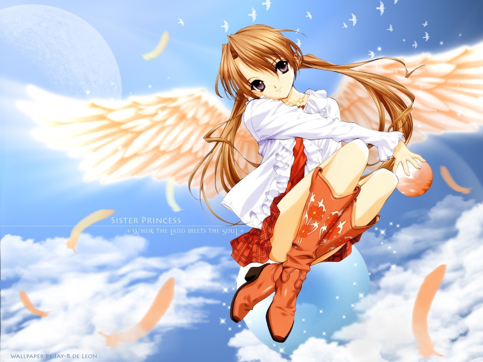 Anime 1600x1200 anime anime girls wings Sister Princess long hair purple eyes legs together boots fantasy art fantasy girl feathers