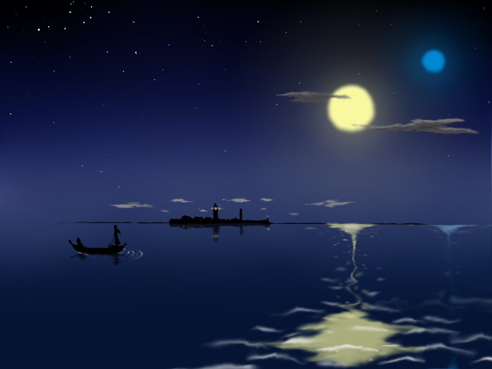 Anime 1600x1200 anime night artwork boat sky sea stars