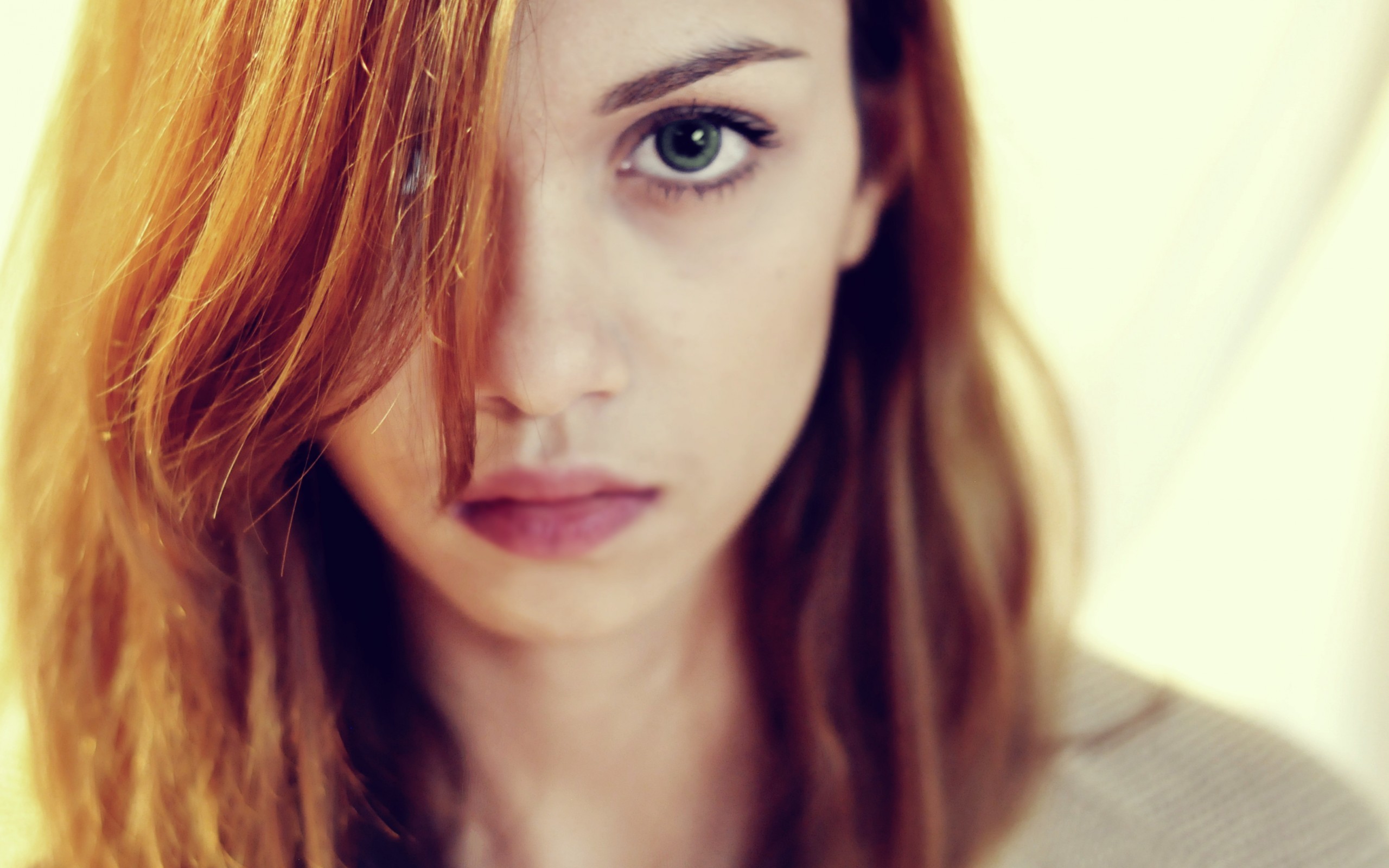 People 2560x1600 women redhead face model DeviantArt hair over one eye looking at viewer simple background long hair