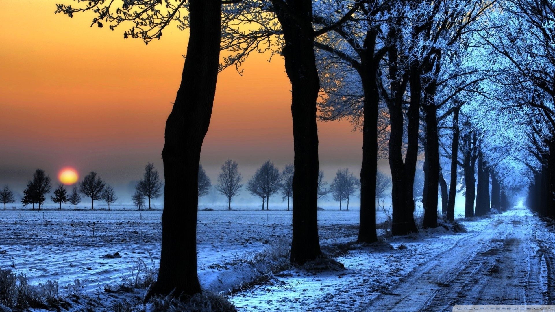 General 1920x1080 road sunset snow winter field trees cold ice outdoors