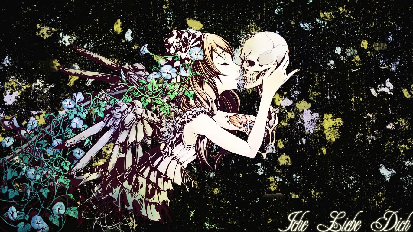 Anime 1366x768 anime girls skull kissing original characters anime flowers plants long hair closed eyes women