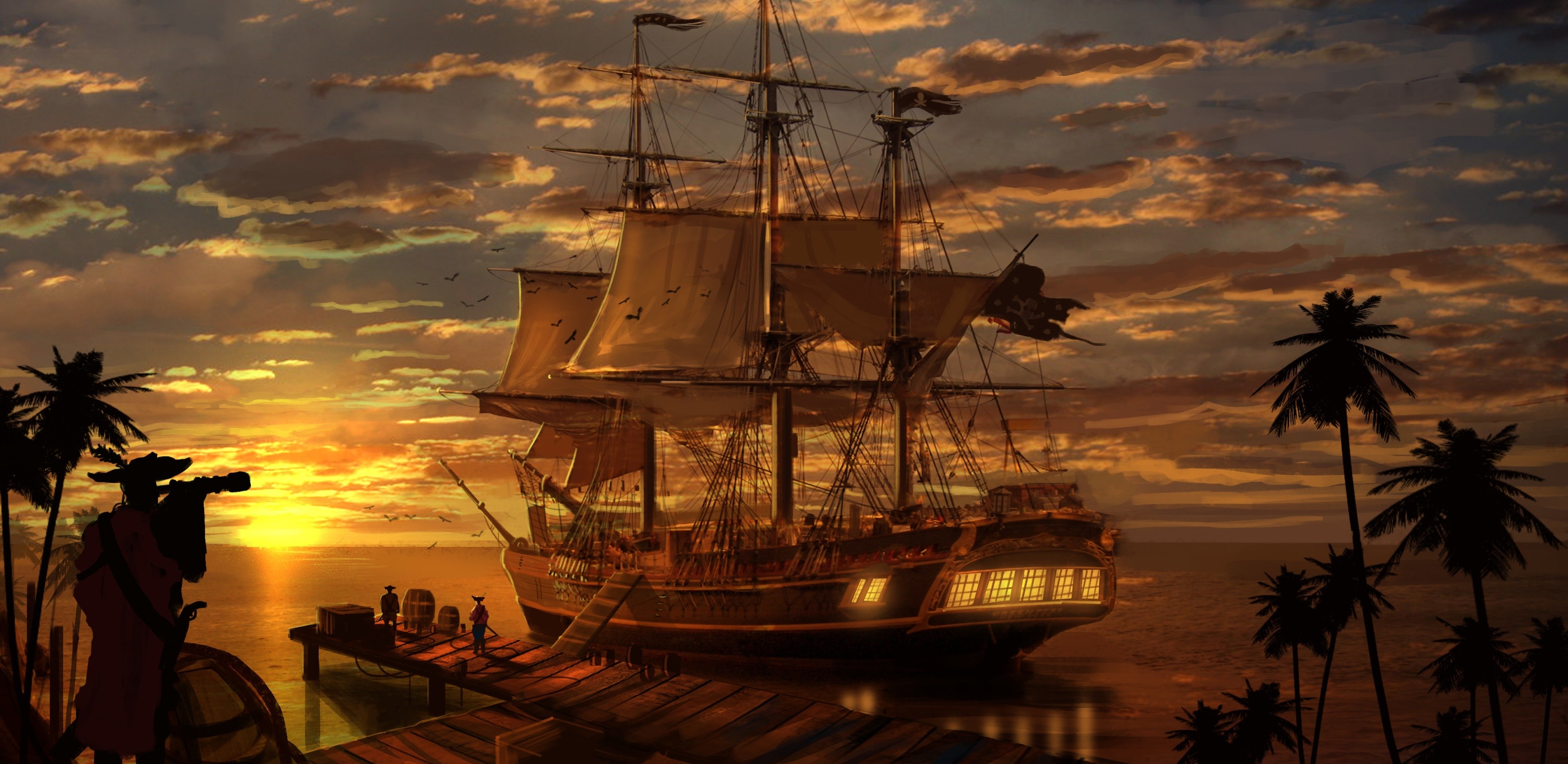 General 4040x1970 sailing ship pirates sky rigging (ship) vehicle fantasy art sunlight clouds