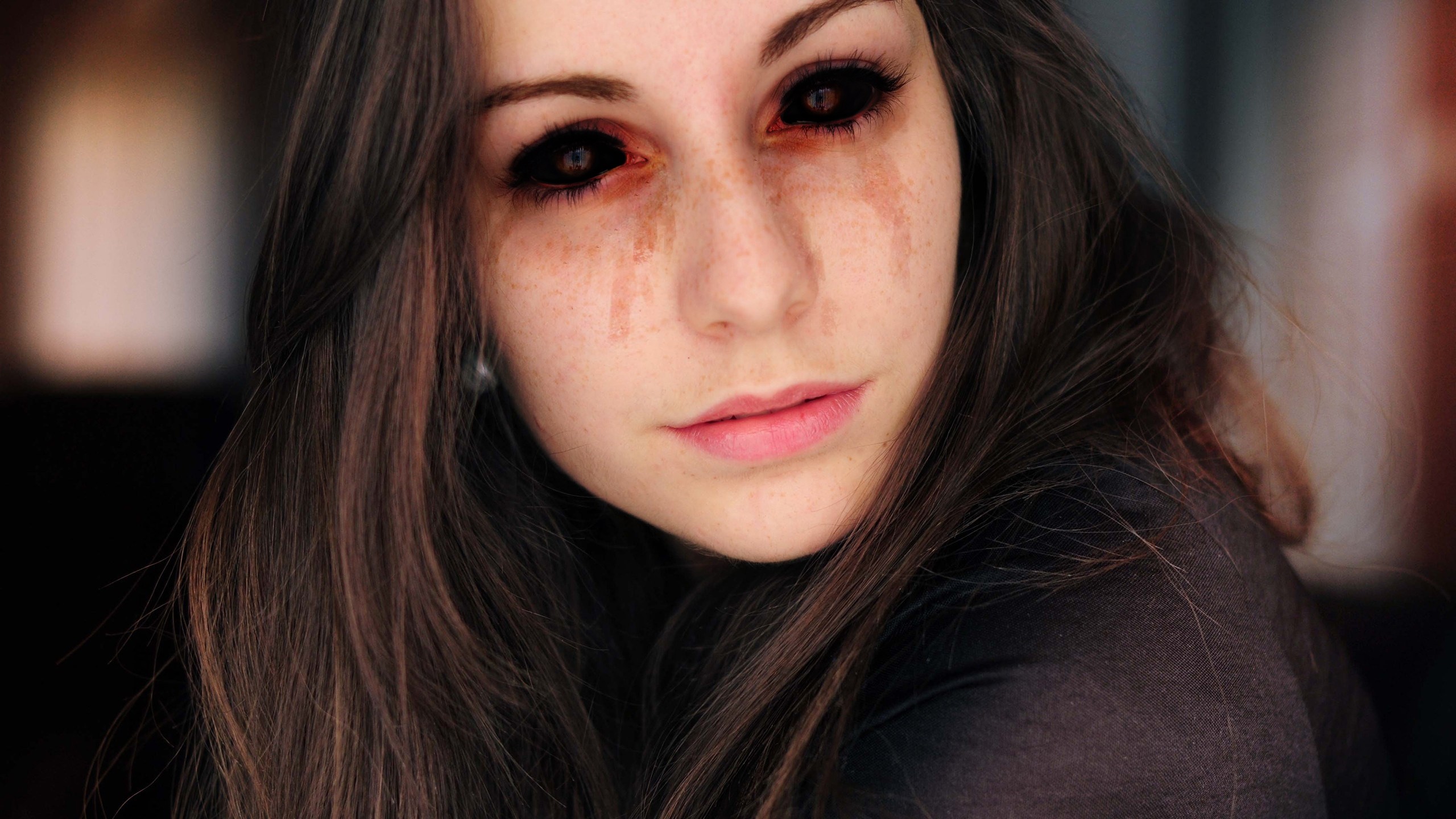 People 2560x1440 dark eyes women face long hair creepy spooky black sclera photo manipulation closeup eyes