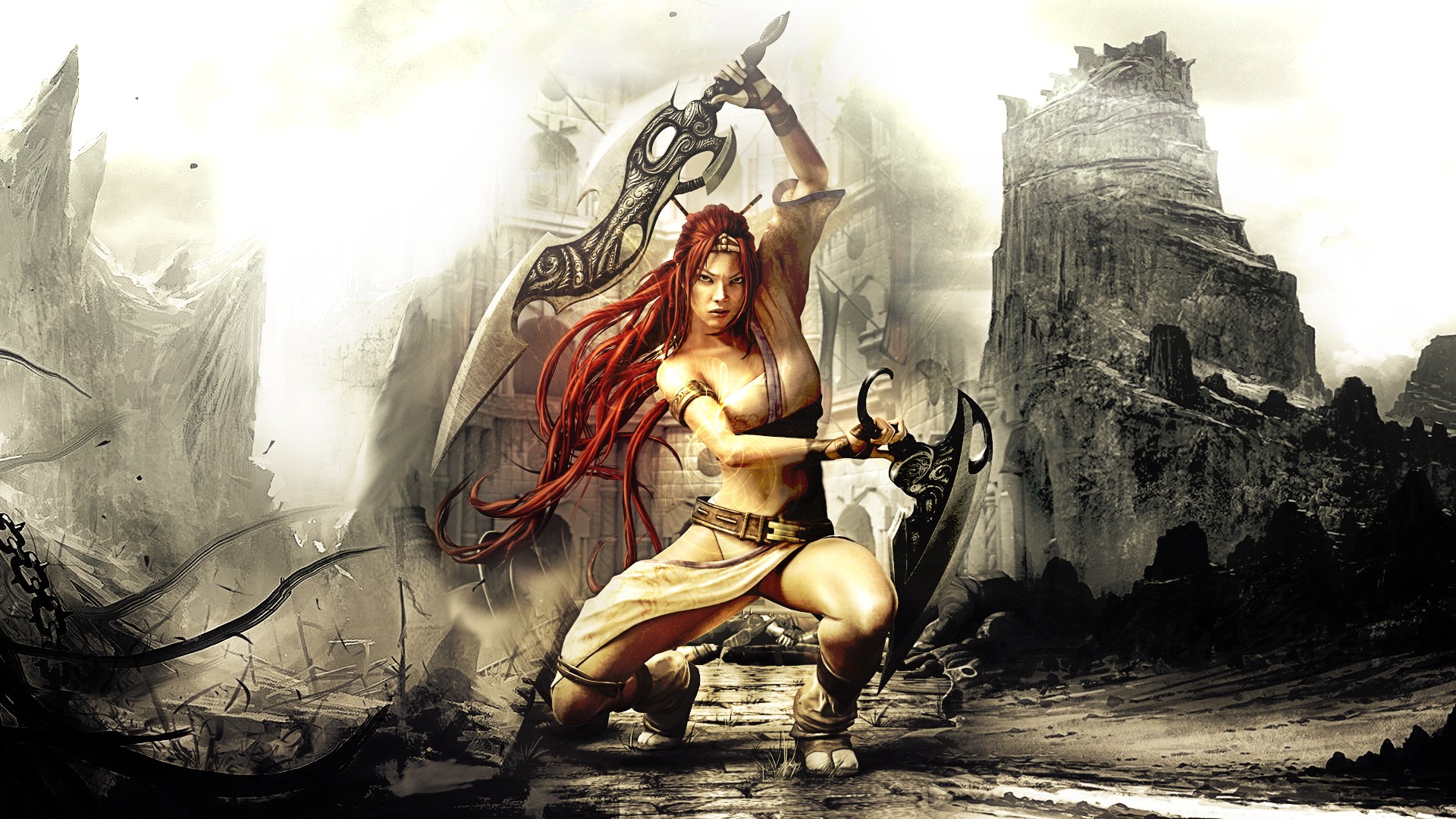 General 1920x1080 video games fantasy art Heavenly Sword PlayStation 3 redhead sword women weapon