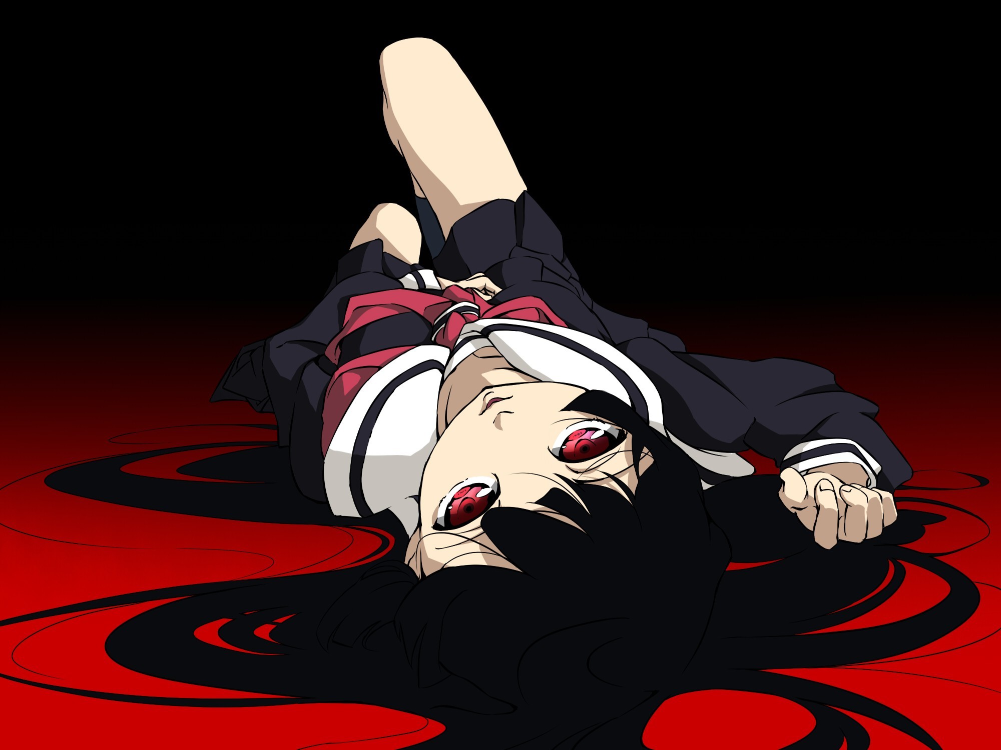 Anime 2000x1500 Jigoku Shoujo red Enma Ai anime girls school uniform lying on back red eyes black hair lying down