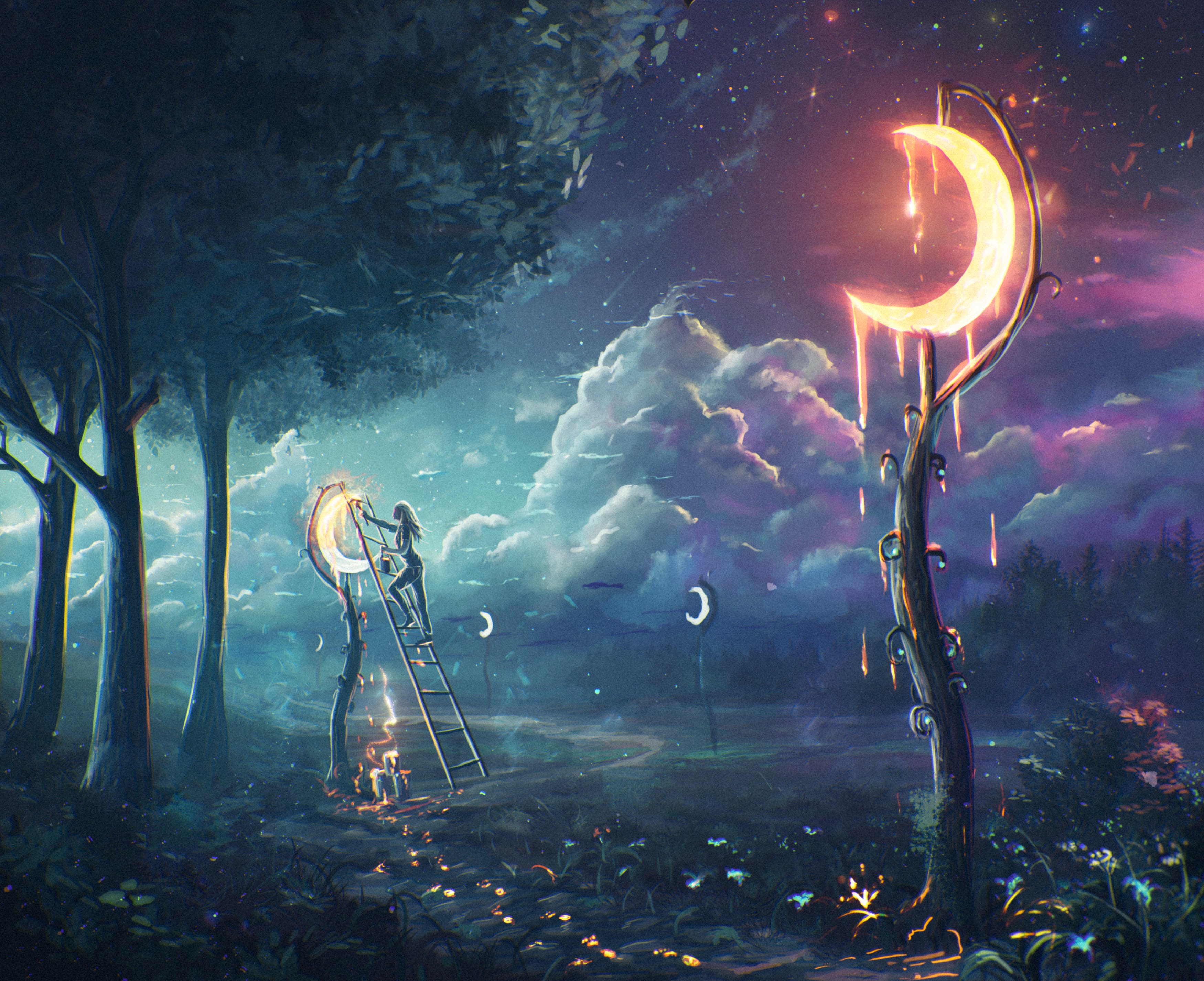 General 3500x2850 fantasy art Sylar113 moonlight clouds artwork Moon trees fantasy girl ladders crescent moon