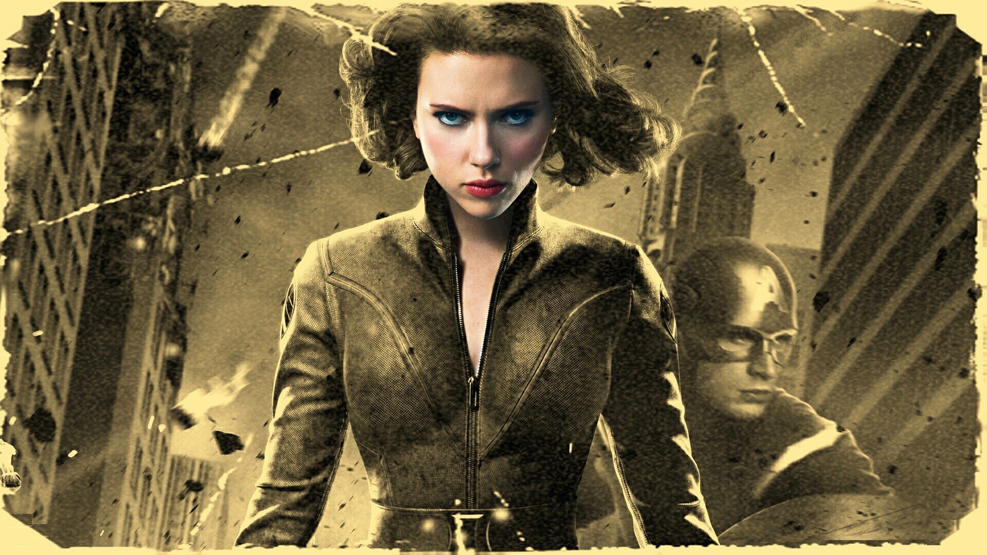 General 1920x1080 movies The Avengers Captain America Black Widow sepia selective coloring filter Scarlett Johansson Marvel Cinematic Universe women red lipstick looking at viewer actress American women superhero superheroines Marvel Comics
