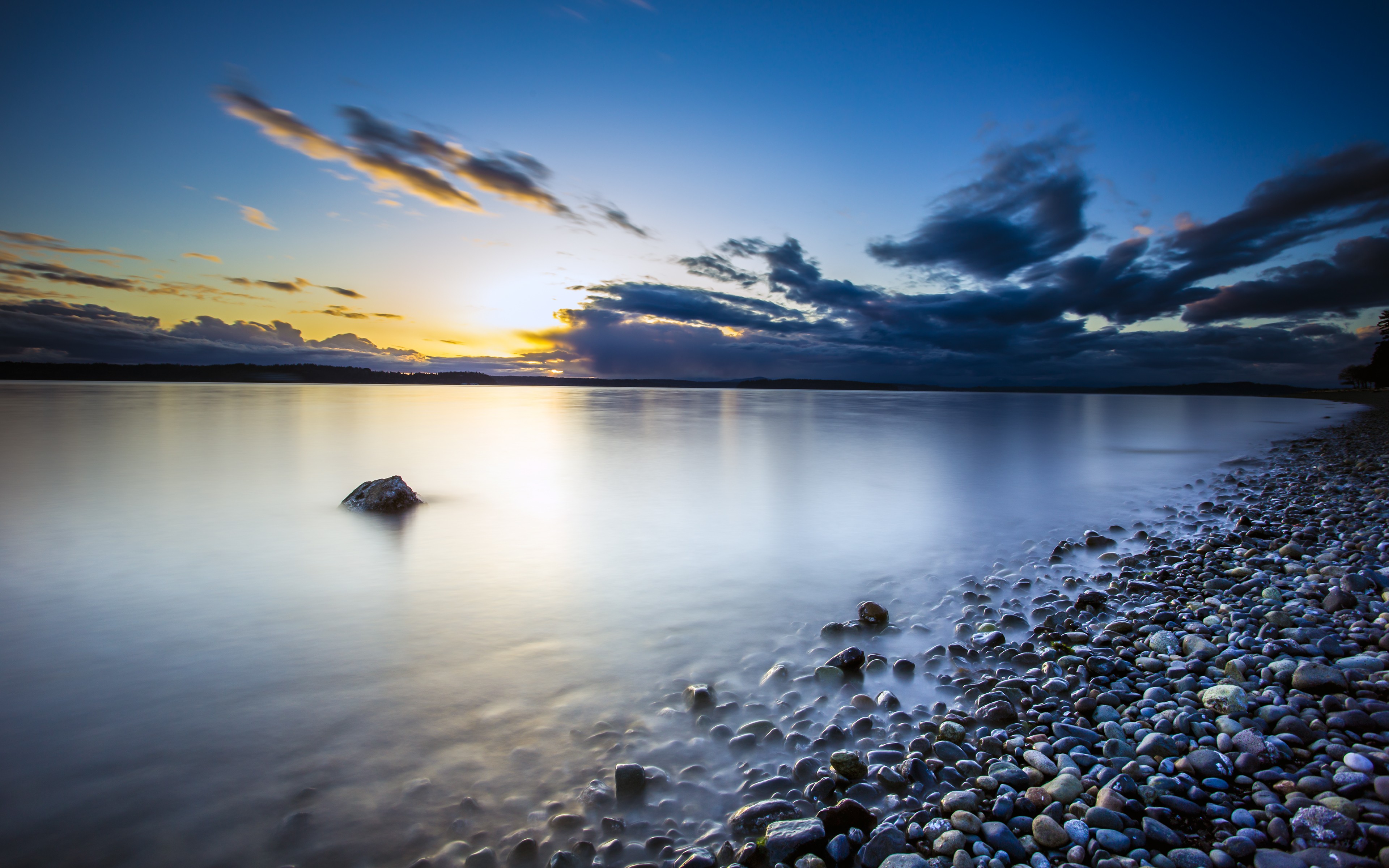 General 3840x2400 sky sunset clouds nature water stones sunlight Washington (state) pebbles USA pebbles beach
