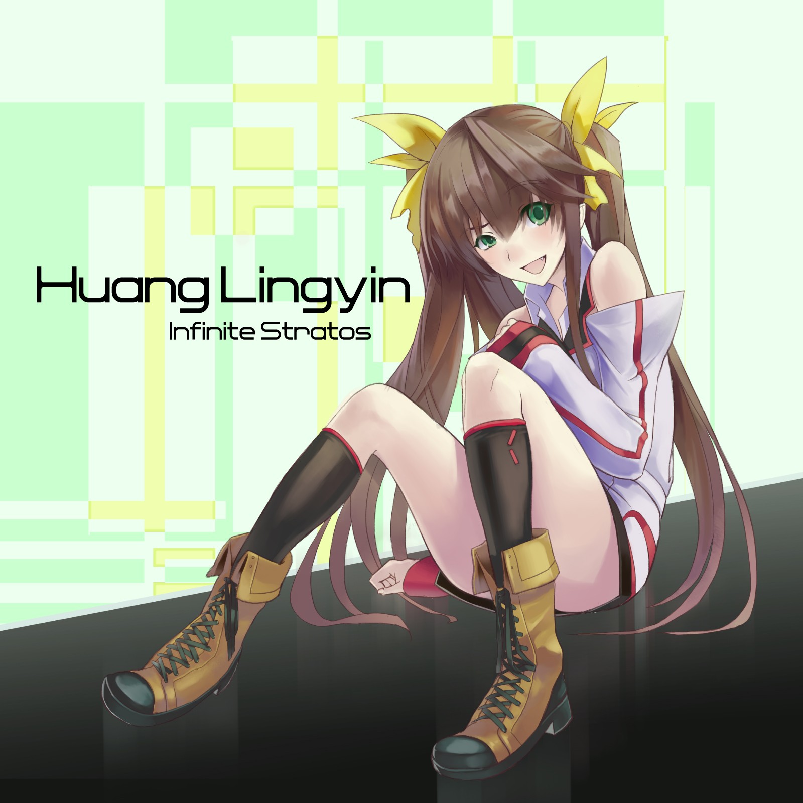 Anime 1600x1600 Huang Lingyin Infinite Stratos anime girls twintails brunette green eyes sitting boots long hair looking at viewer