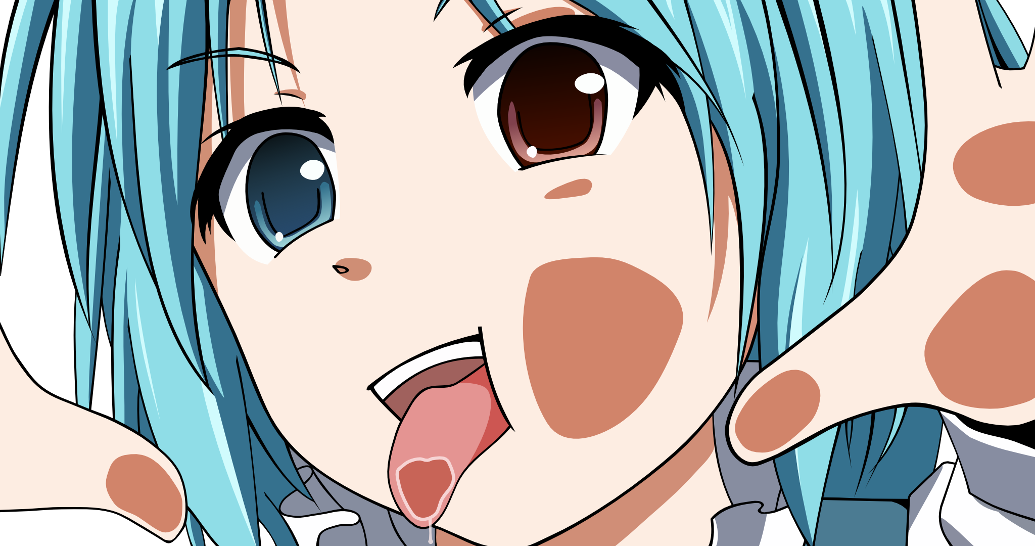 Anime 2048x1080 tongues licking heterochromia blue hair Tatara Kogasa Touhou anime girls cyan hair anime tongue out