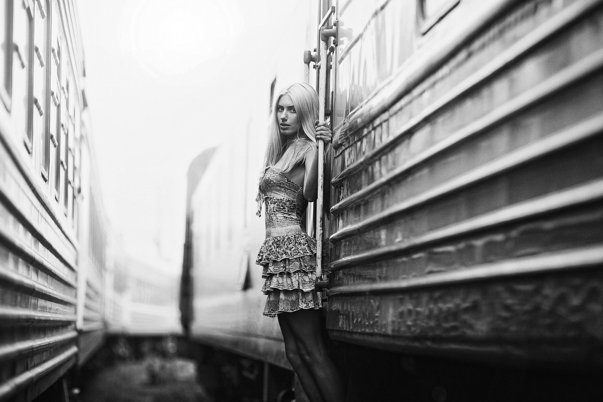 People 2048x1365 monochrome women model train vehicle blonde dress looking at viewer women outdoors outdoors