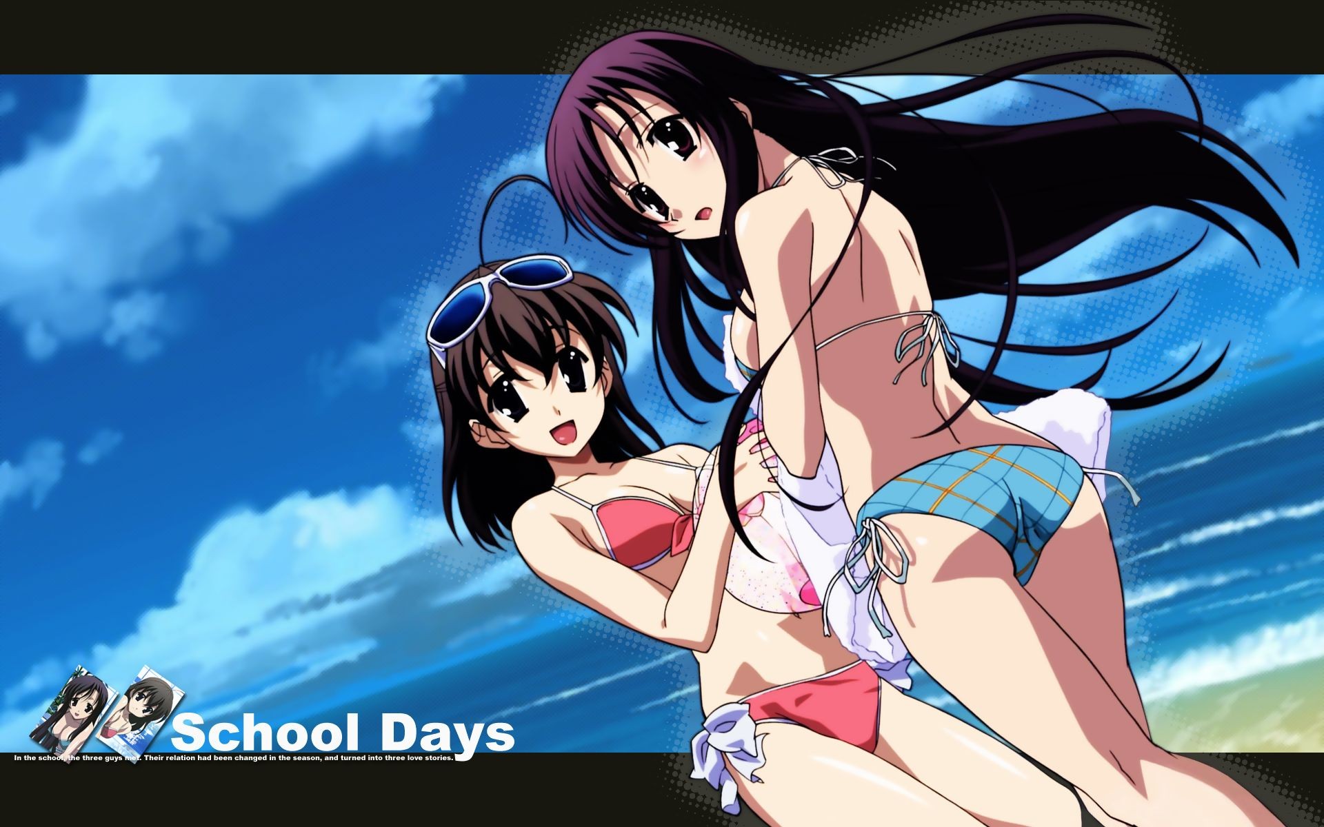 Anime 1920x1200 anime anime girls School Days two women women ass purple hair dark hair swimwear