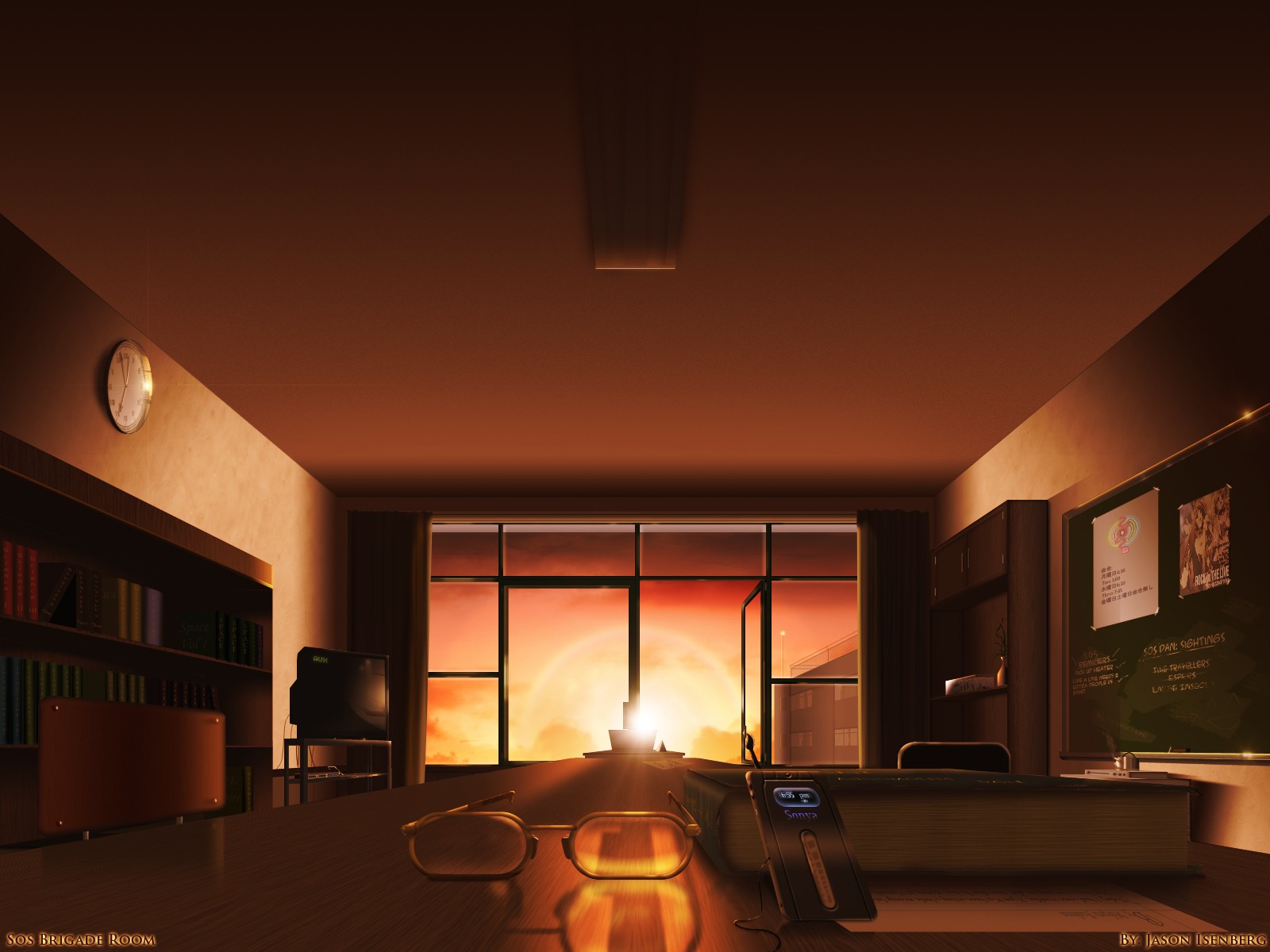 Anime 1600x1200 glasses sunset artwork anime The Melancholy of Haruhi Suzumiya room indoors