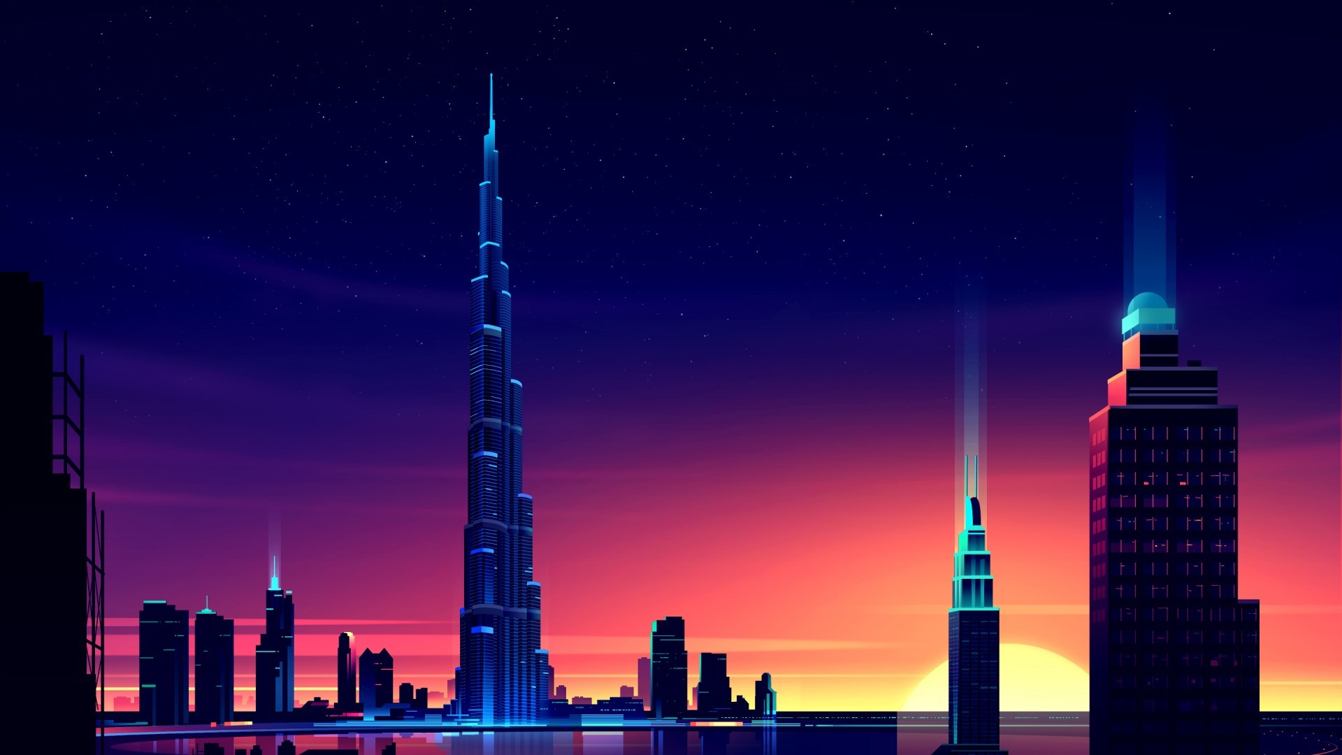 General 1920x1080 artwork building cityscape digital art sky United Arab Emirates Dubai Romain Trystram cyberpunk Burj Khalifa pixels skyscraper night sunset glow sunset landmark Asia lights sunlight colorful Middle East