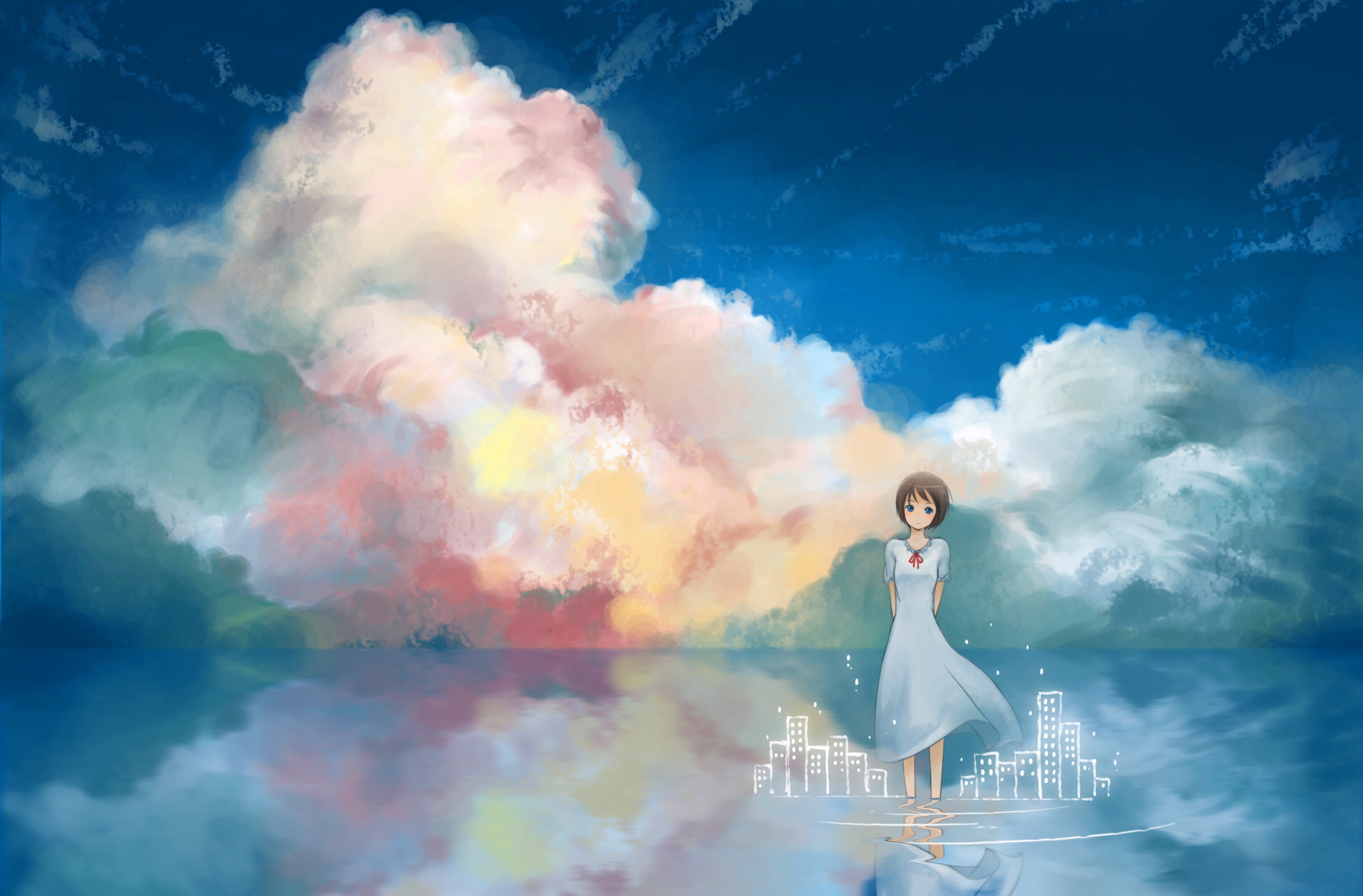 Anime 3508x2307 original characters landscape clouds anime anime girls sky dress brunette standing in water water