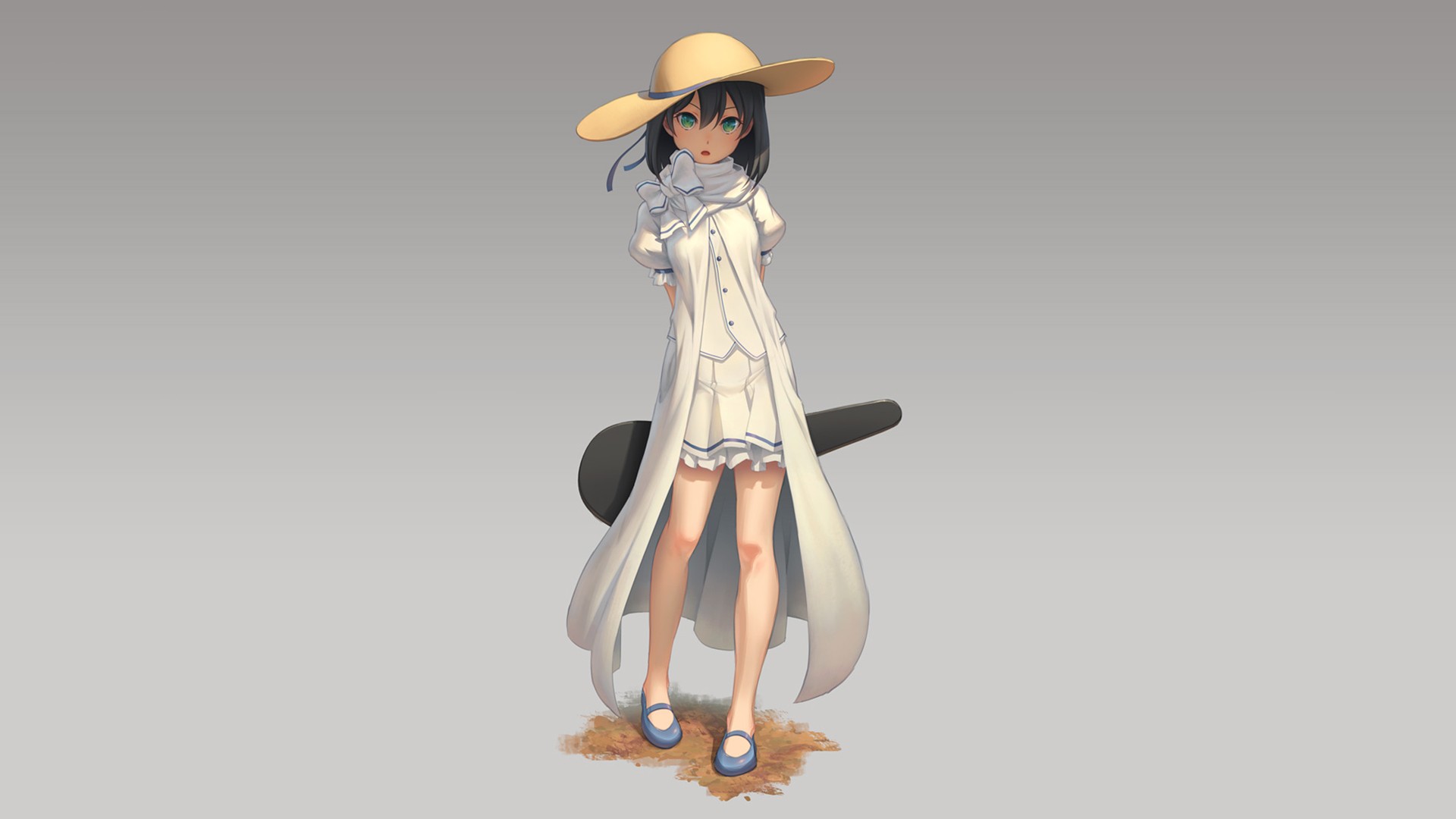 Anime 1920x1080 looking at viewer anime girls hat green eyes original characters women with hats white clothing gray background simple background anime