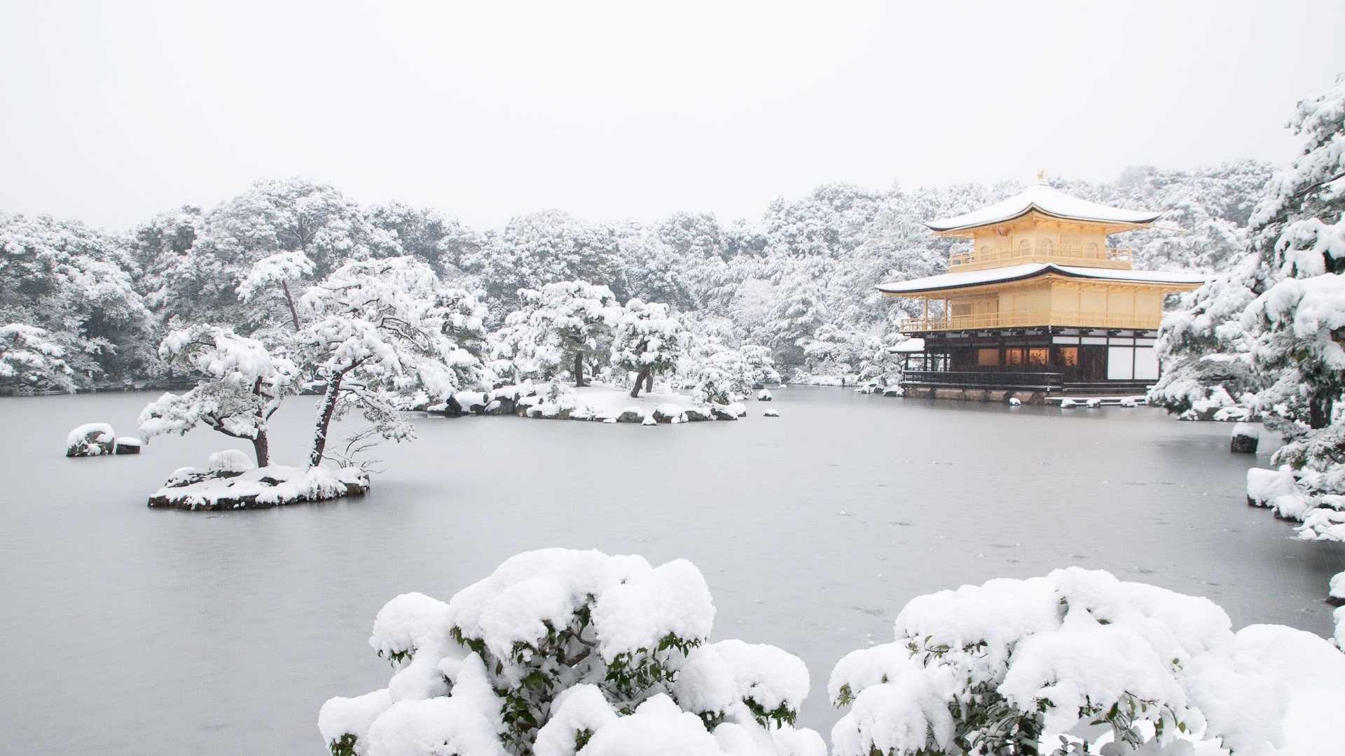 General 1920x1080 Japan temple lake snow Kyoto kinkakuji Asia winter cold water trees