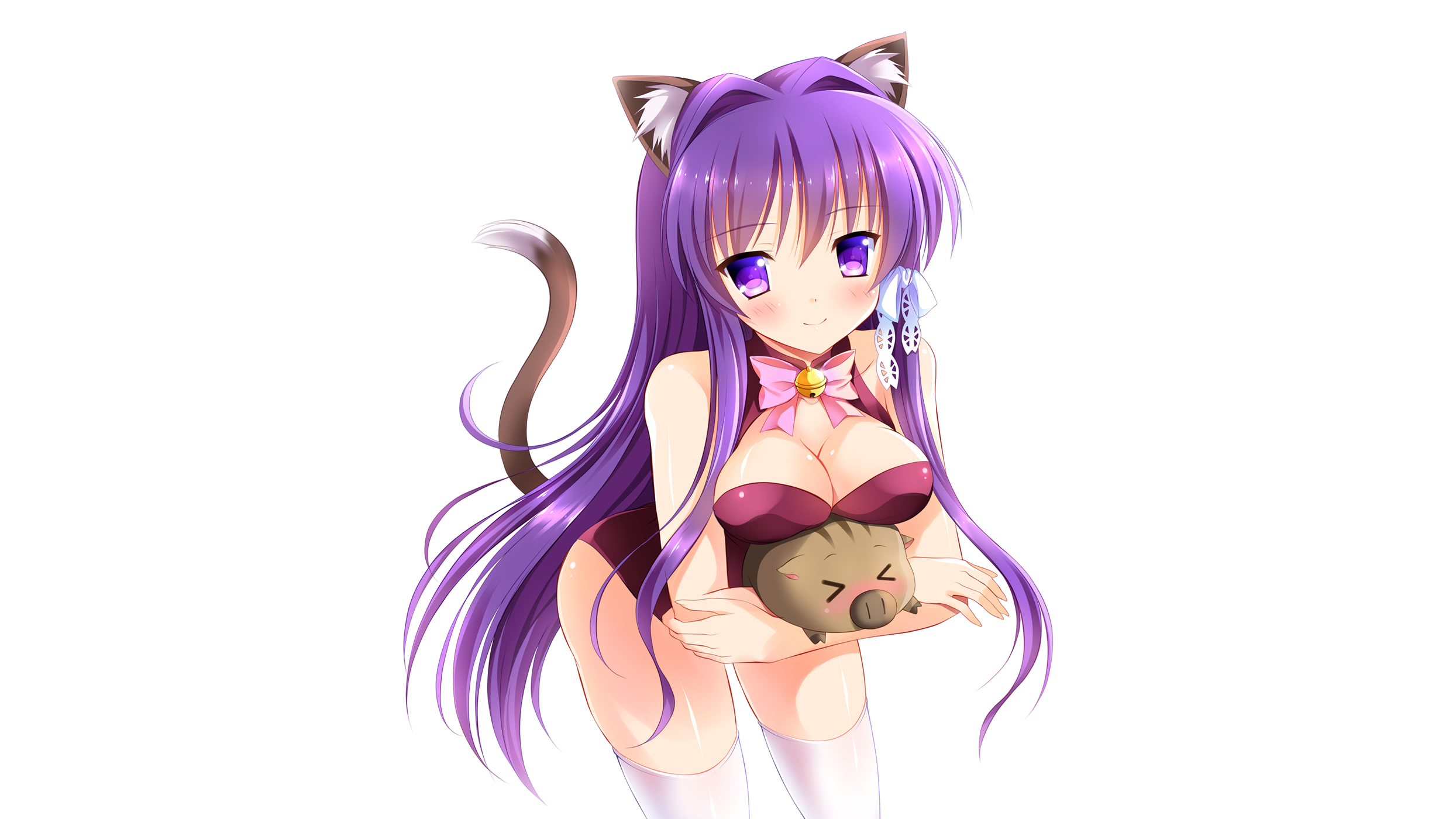 Anime 2489x1400 anime girls animal ears Clannad Fujibayashi Kyou cleavage purple hair purple eyes tail cat girl simple background smiling long hair white background thigh-highs leotard