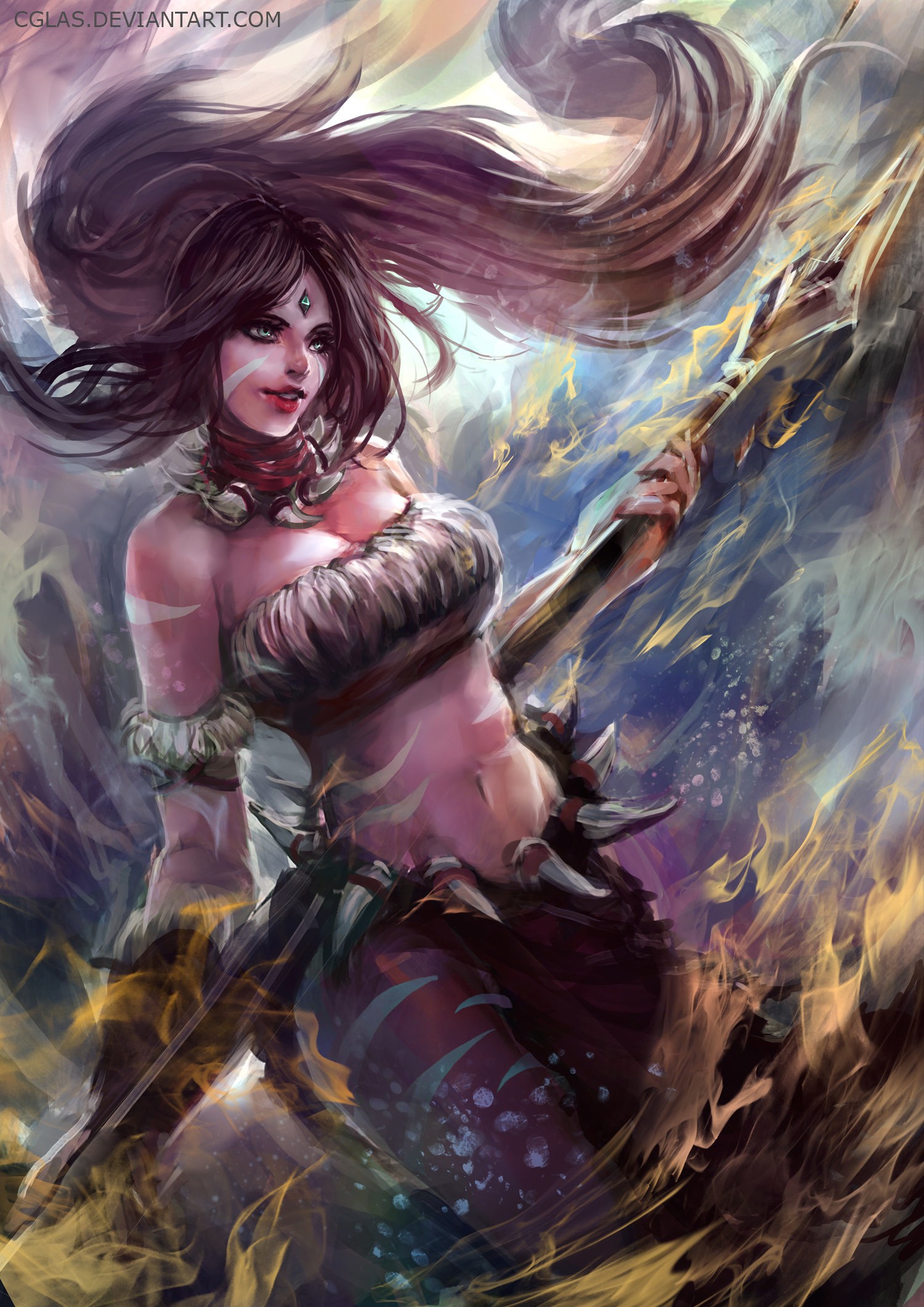 General 1500x2121 League of Legends Nidalee (League of Legends) PC gaming fantasy girl fantasy art video game art DeviantArt belly long hair women