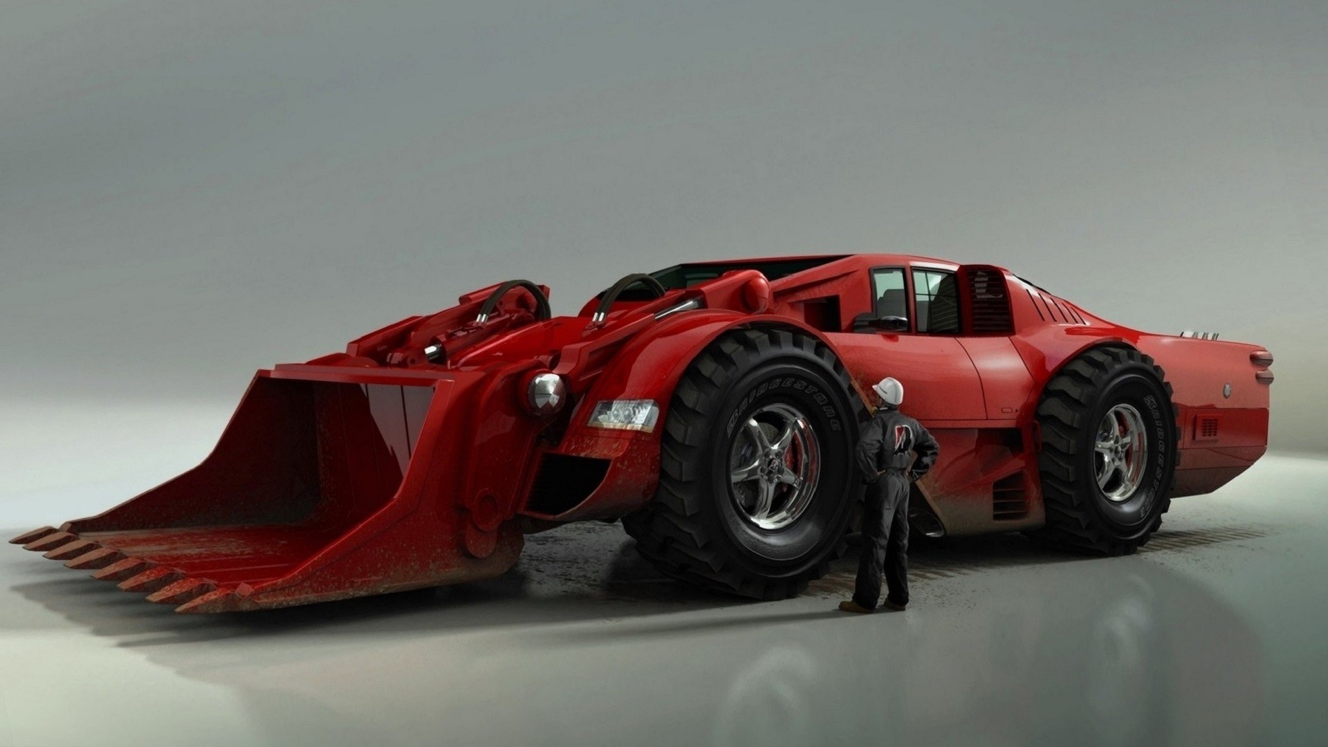 General 1920x1080 concept art digital art vehicle simple background red cars bulldozer gray background men CGI red
