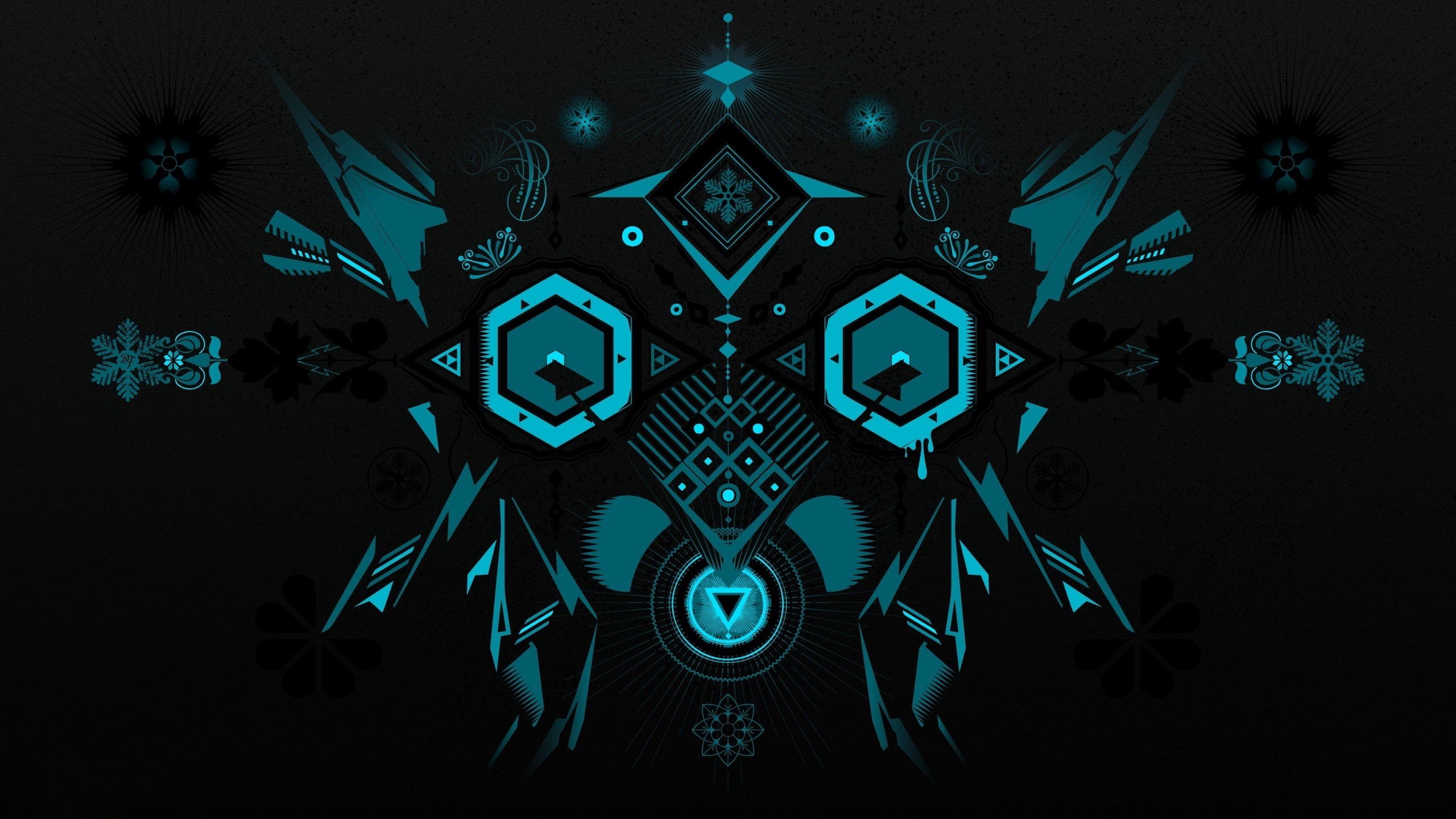 General 2560x1440 digital art black background minimalism abstract decorations geometry hexagon snowflakes imagination face triangle square circle lines owl cyan